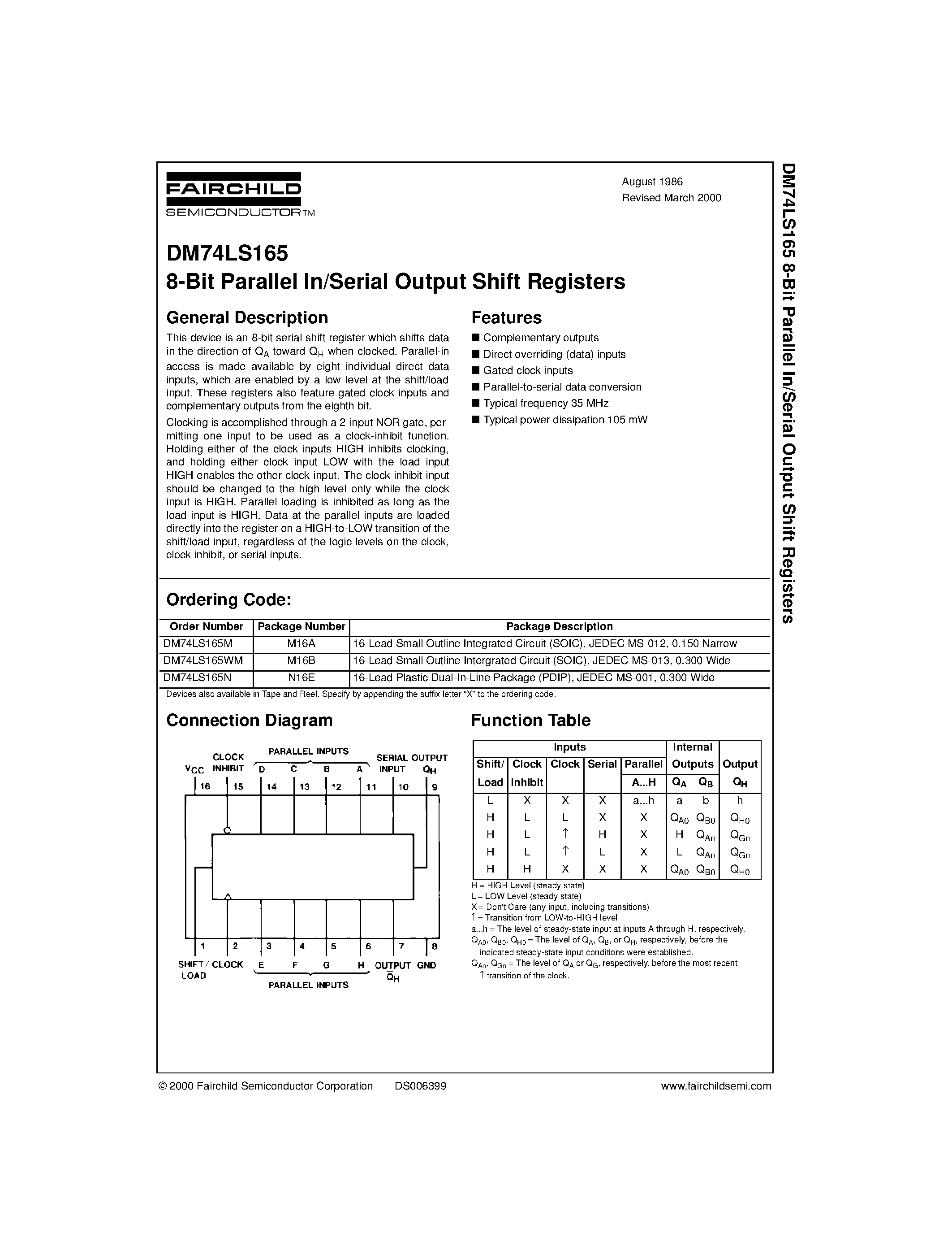 Даташит на микросхему 74LS165 страница 1 Даташит 74LS165 - 8-Bit Parallel In/Serial Output Shift Registers страница 1