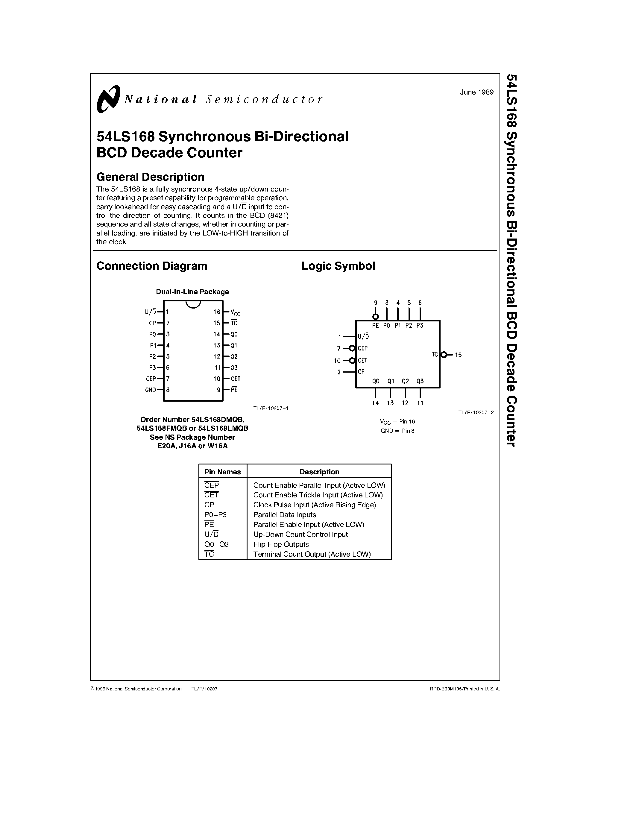 Datasheet 74LS168 - 54LS168 Synchronous Bi-Directional BCD Decade Counter page 1