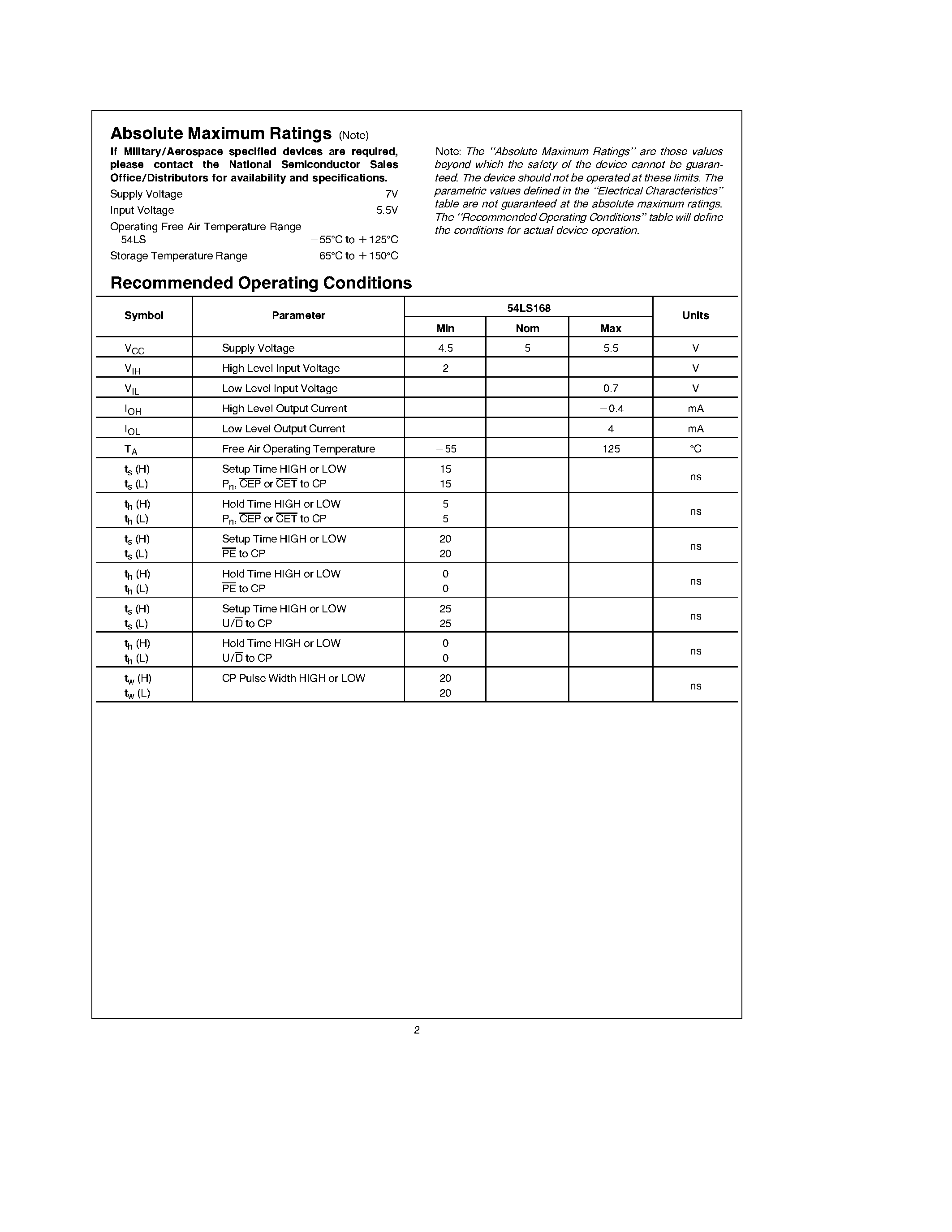 Datasheet 74LS168 - 54LS168 Synchronous Bi-Directional BCD Decade Counter page 2