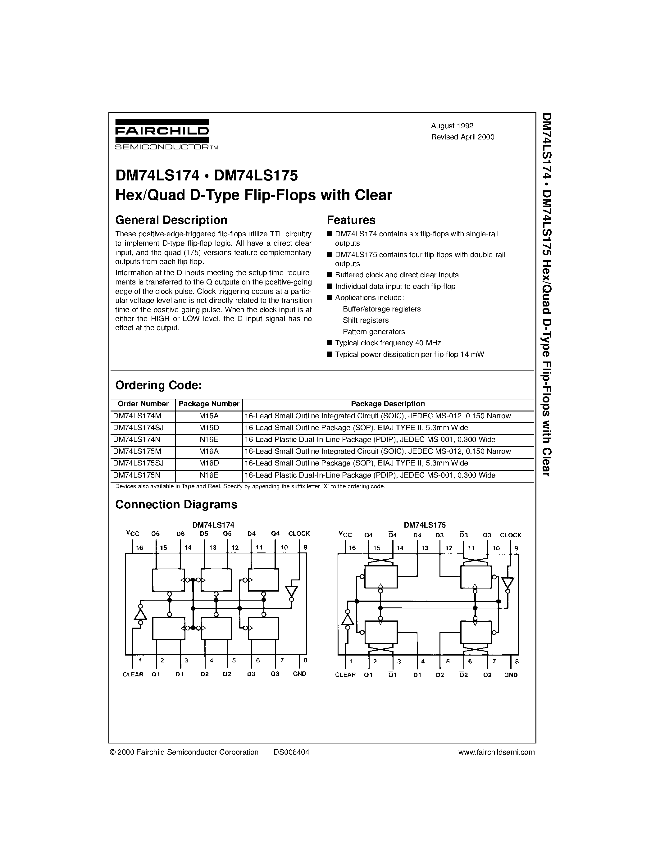 Даташит 74LS175 - Hex/Quad D-Type Flip-Flops with Clear страница 1