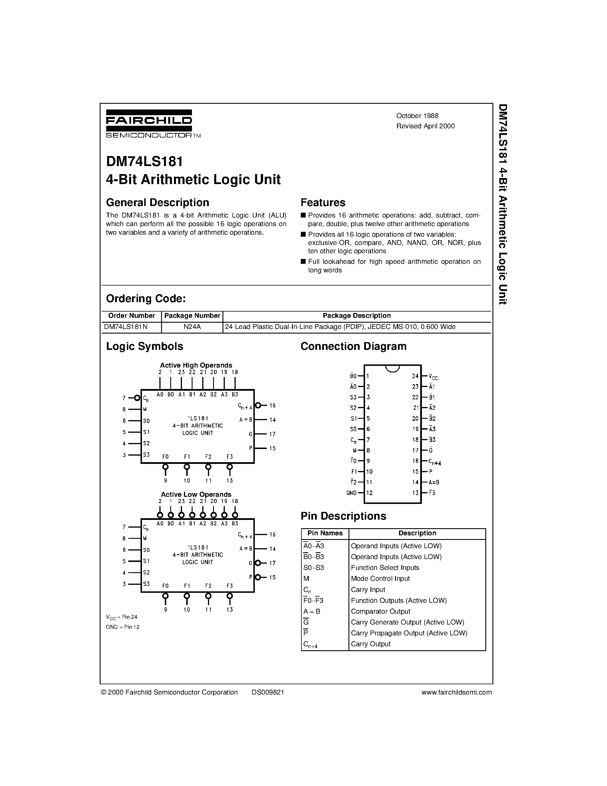 Даташит 74LS181 - 4-Bit Arithmetic Logic Unit страница 1