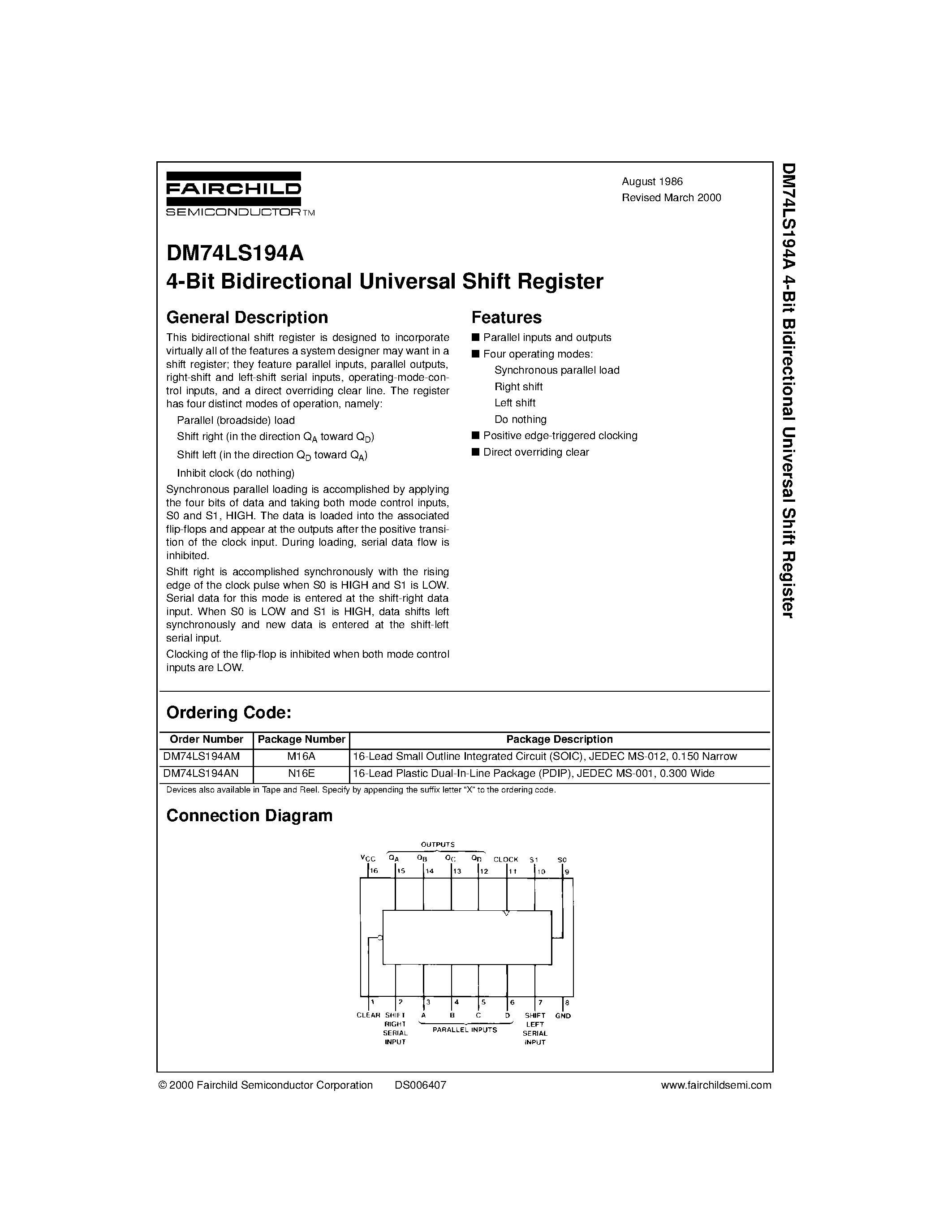 Даташит 74LS194 - 4-Bit Bidirectional Universal Shift Register страница 1