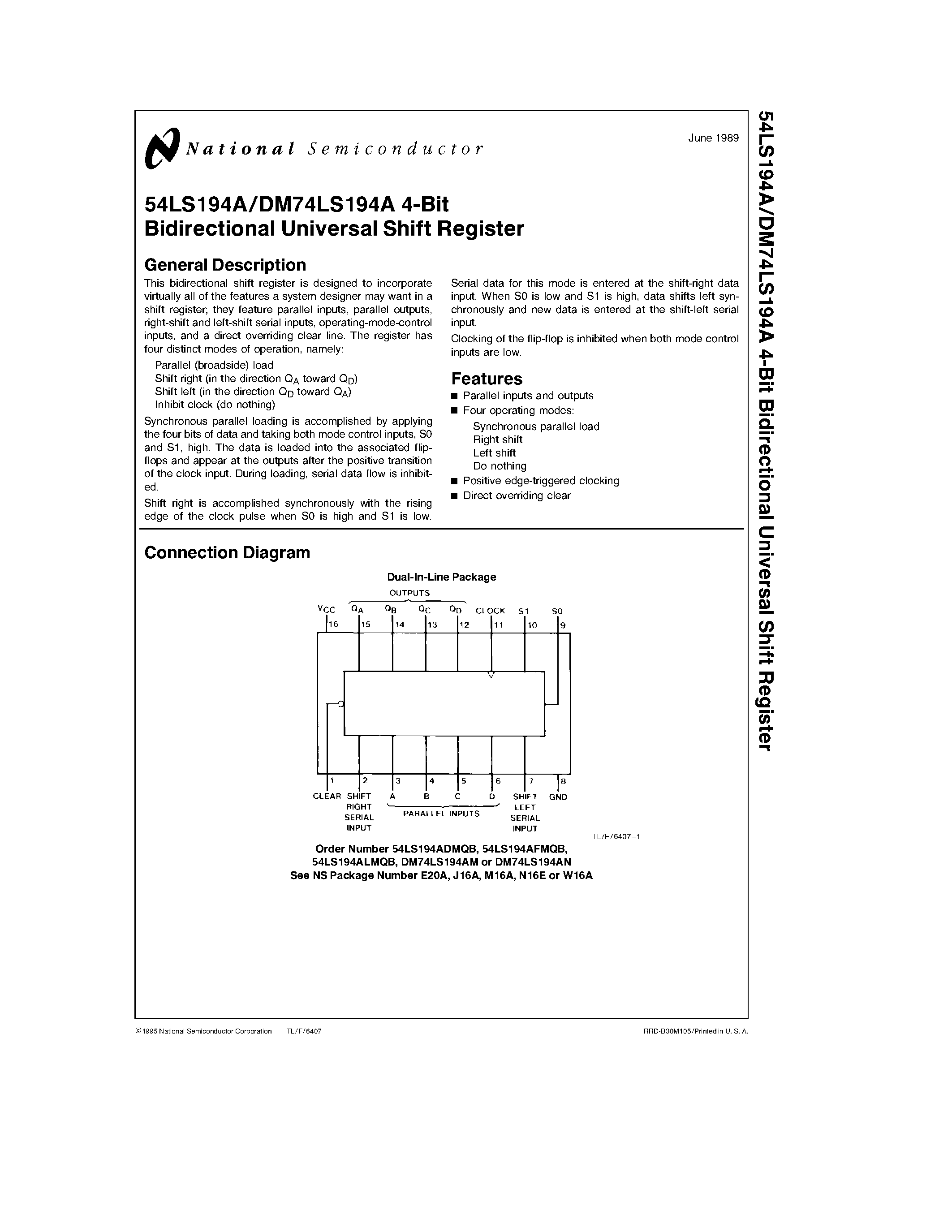 Даташит 74LS194A - 4-Bit Bidirectional Universal Shift Register страница 1
