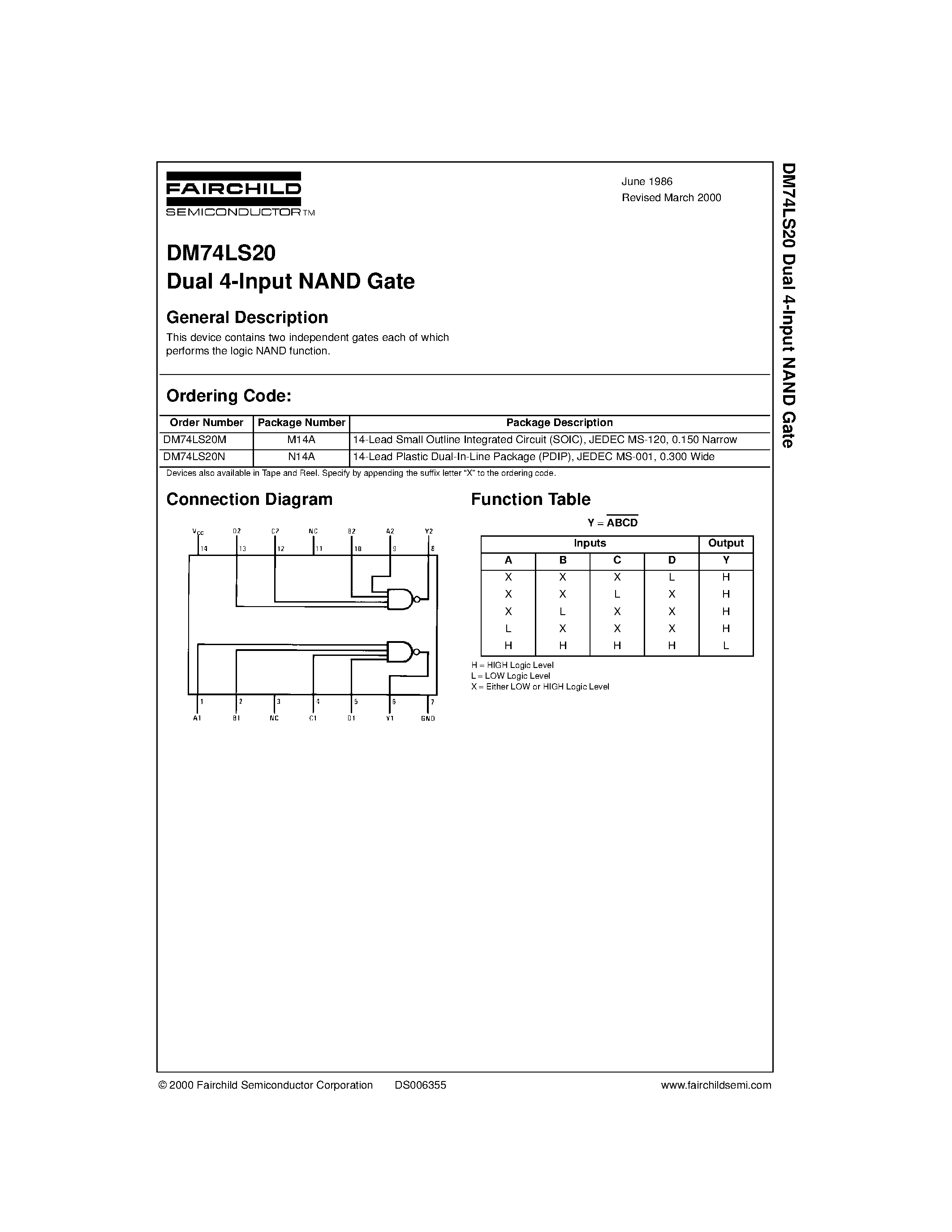 Даташит 74LS20 - Dual 4-Input NAND Gate страница 1