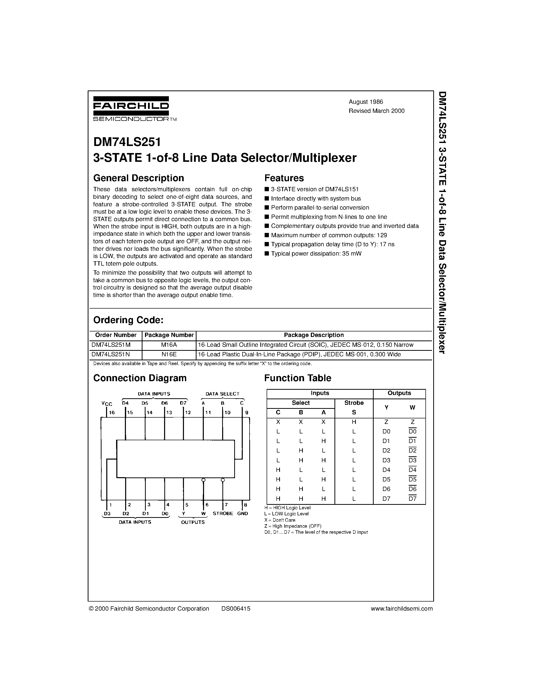 Datasheet 74LS251 - 3-STATE 1-of-8 Line Data Selector/Multiplexer page 1