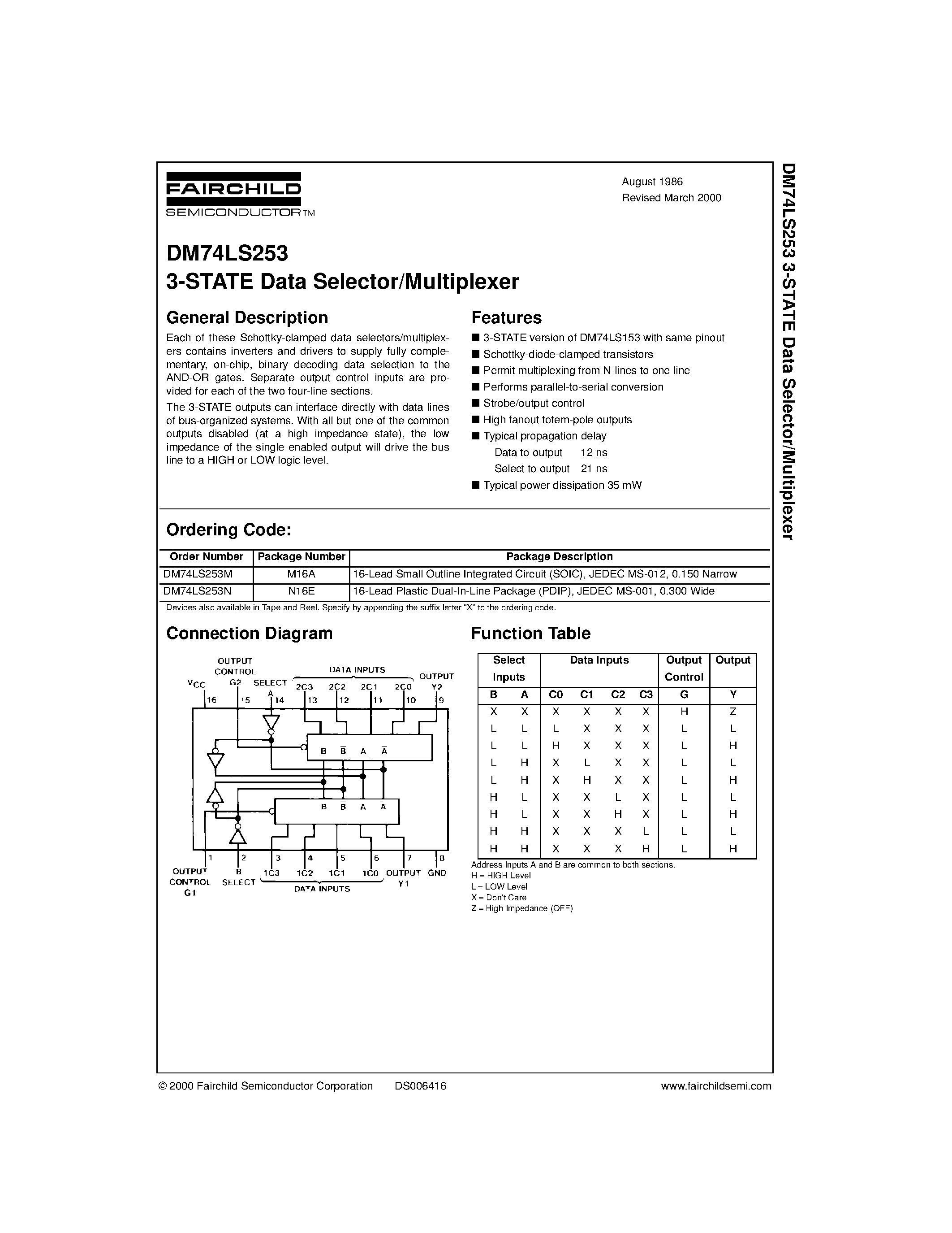 Datasheet 74LS253 - 3-STATE Data Selector/Multiplexer page 1