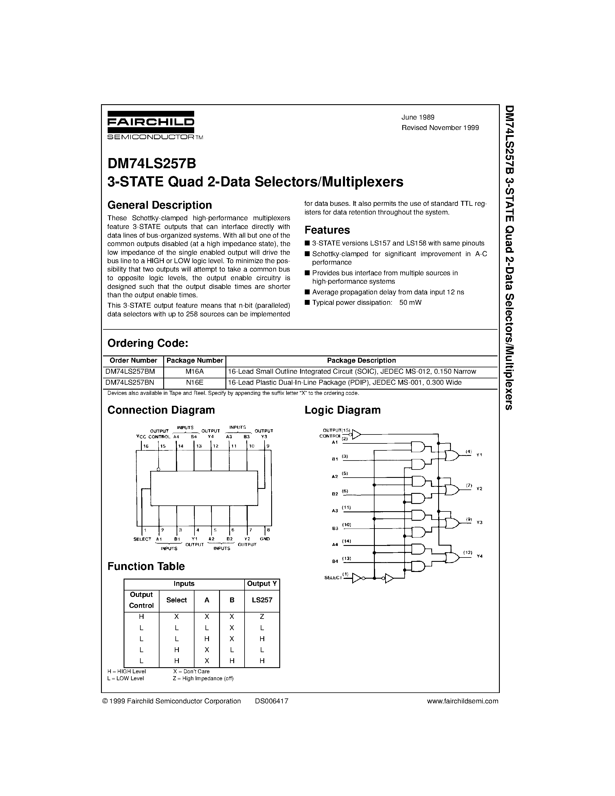 Datasheet 74LS257 - 3-STATE Quad 2-Data Selectors/Multiplexers page 1