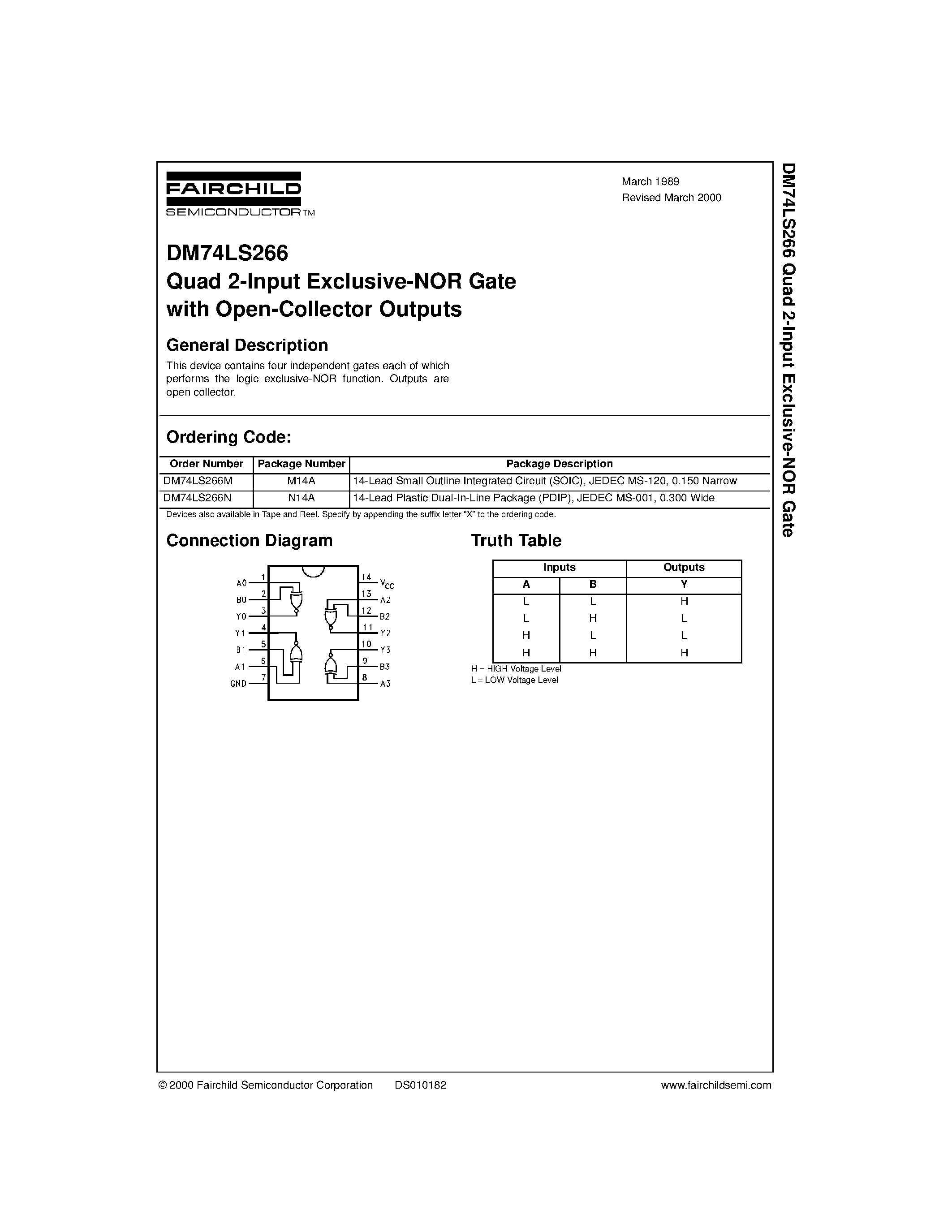Datasheet 74LS266 page 1 Datasheet 74LS266 - Quad 2-Input Exclusive-NOR Gate with Open-Collector Outputs page 1