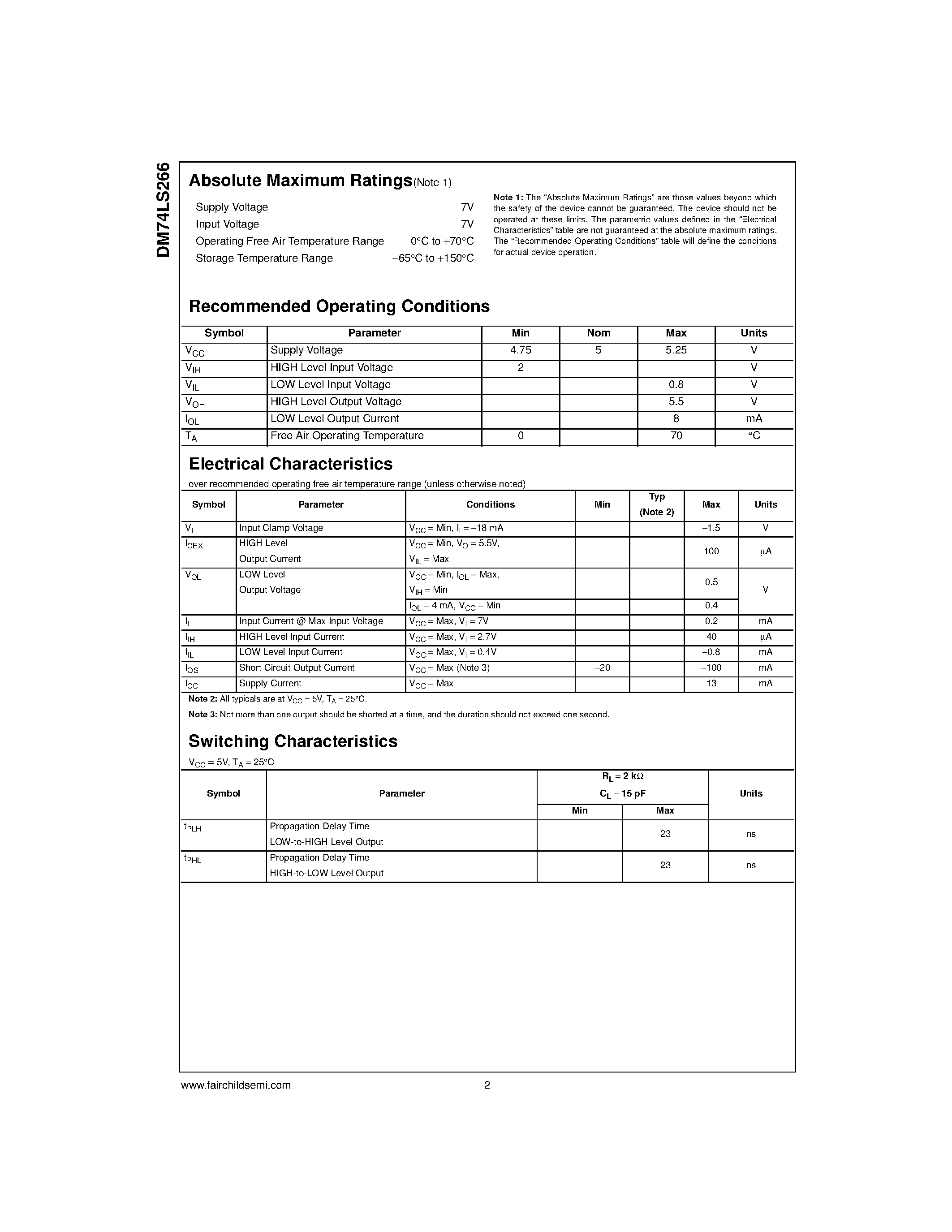 Datasheet 74LS266 page 2 Datasheet 74LS266 - Quad 2-Input Exclusive-NOR Gate with Open-Collector Outputs page 2