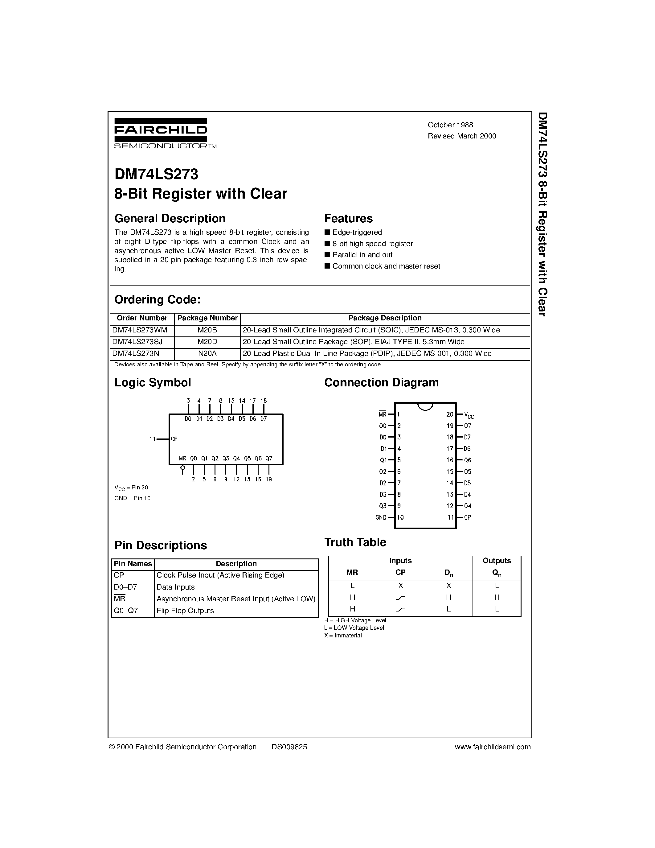Даташит на микросхему 74LS273 страница 1 Даташит 74LS273 - 8-Bit Register with Clear страница 1