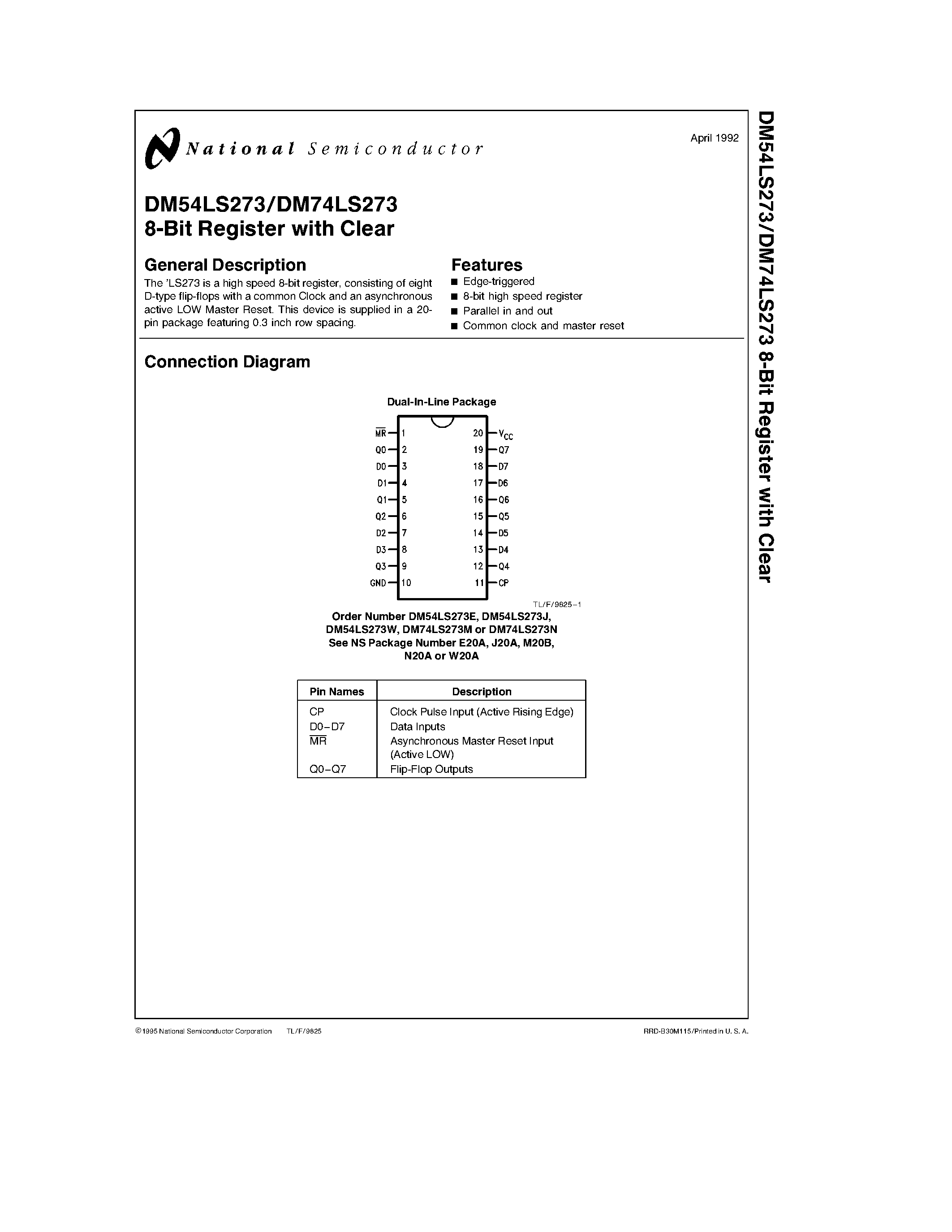 Даташит 74LS273 - 8-Bit Register with Clear страница 1