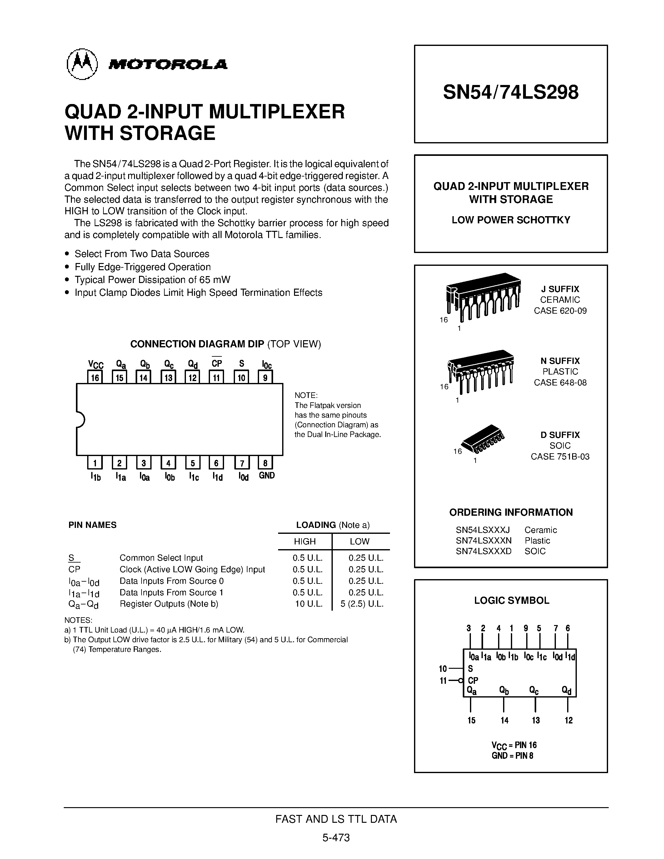 Datasheet 74LS298 page 1 Datasheet 74LS298 - QUAD 2-INPUT MULTIPLEXER WITH STORAGE page 1