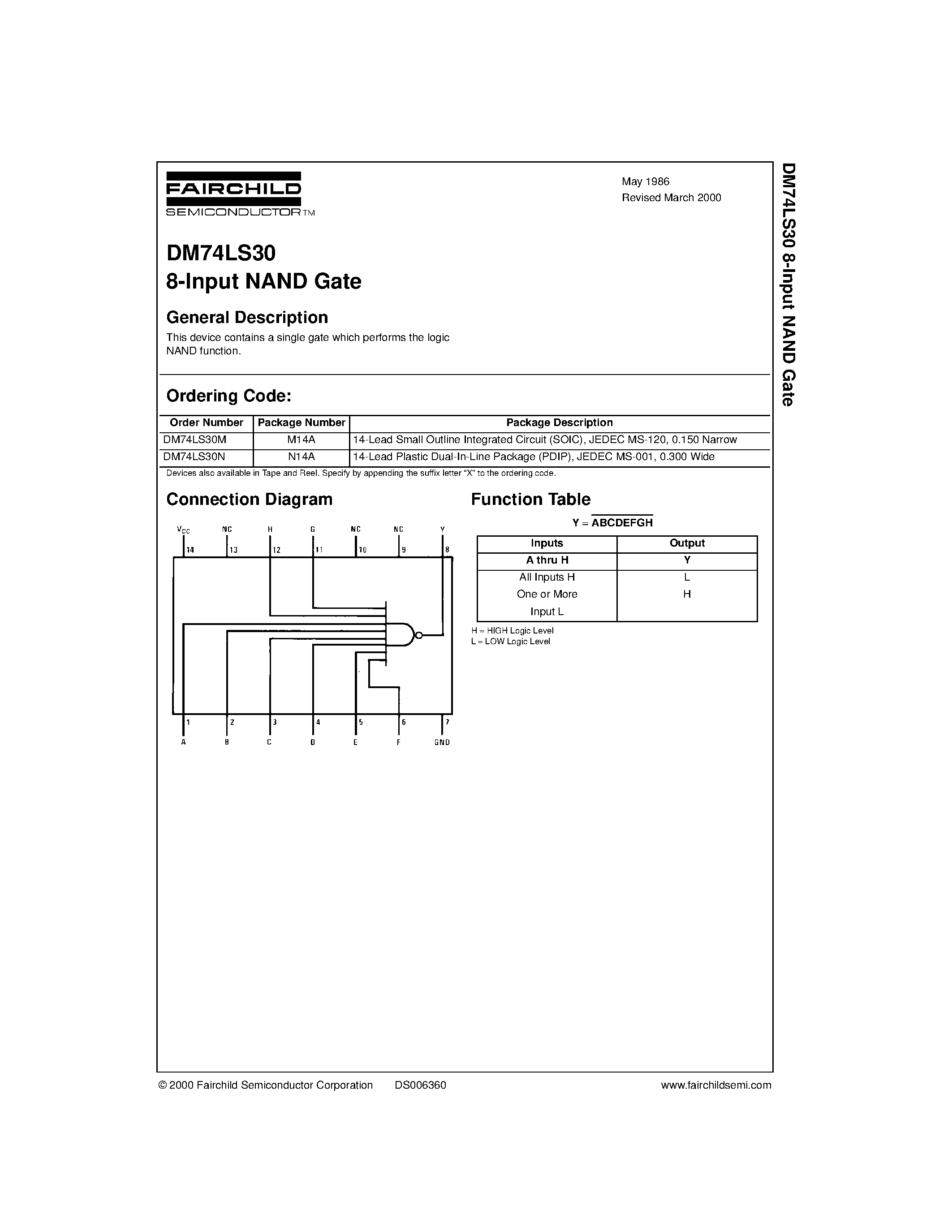 Даташит 74LS30 - 8-Input NAND Gate страница 1
