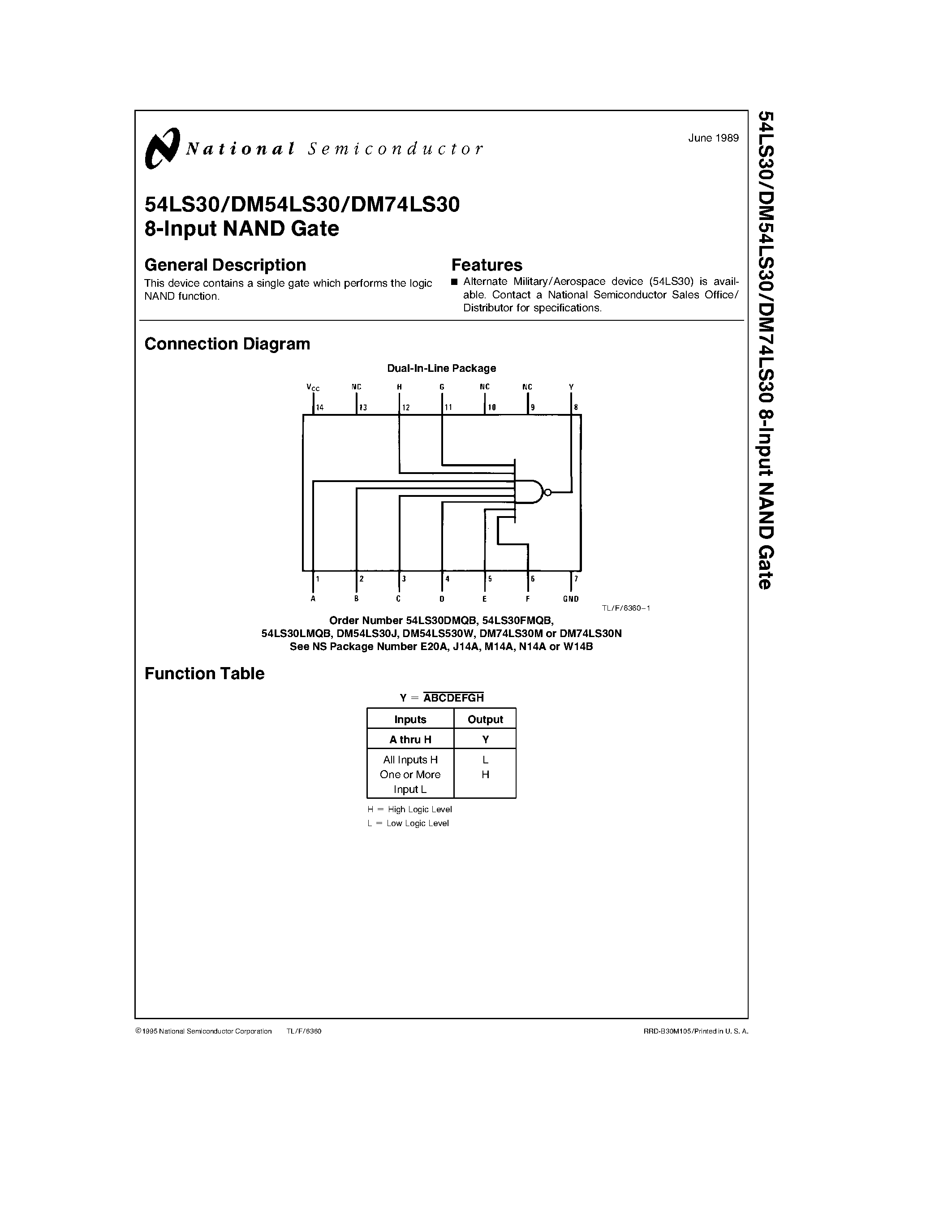 Даташит на микросхему 74LS30 страница 1 Даташит 74LS30 - 8-Input NAND Gate страница 1