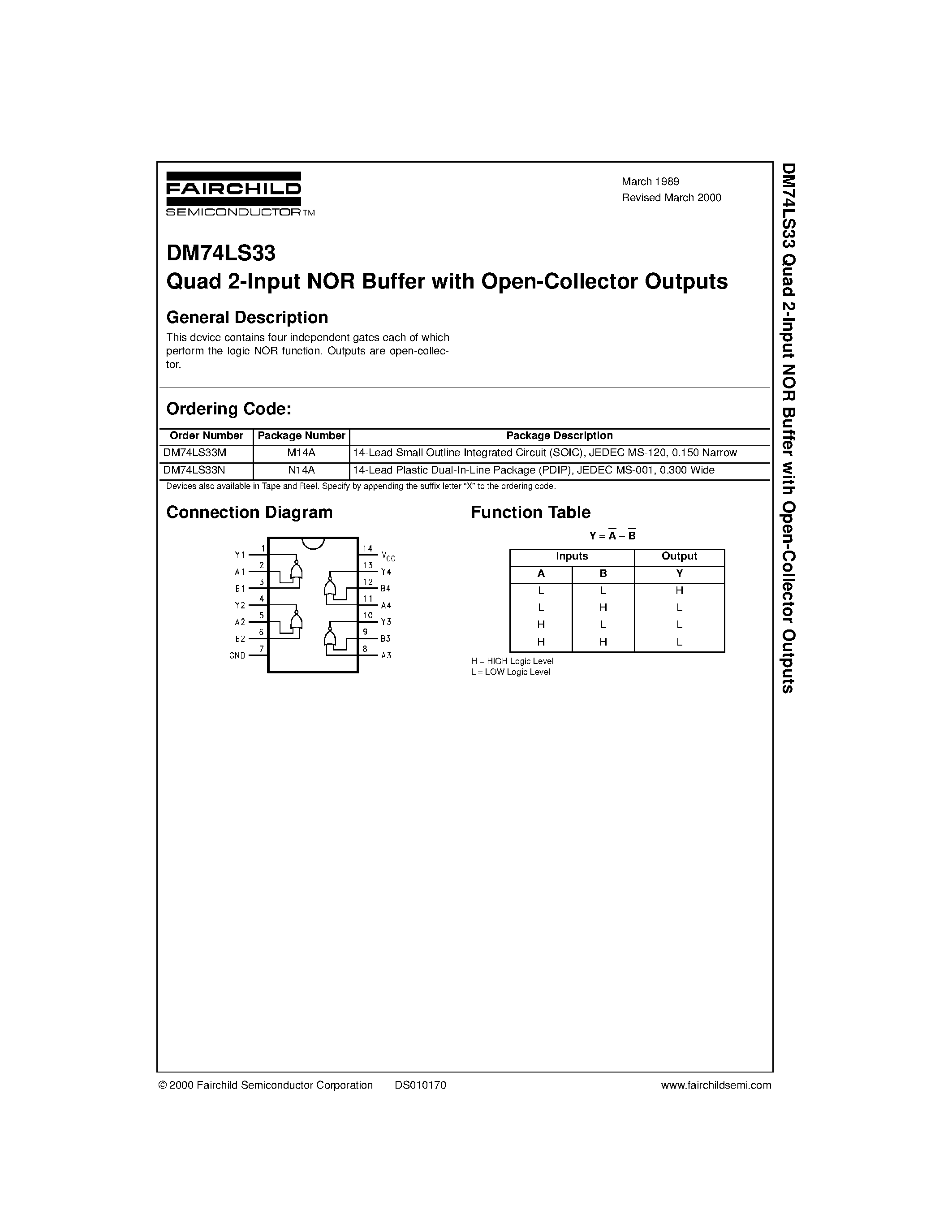Datasheet 74LS33 page 1 Datasheet 74LS33 - Quad 2-Input OR Gate page 1