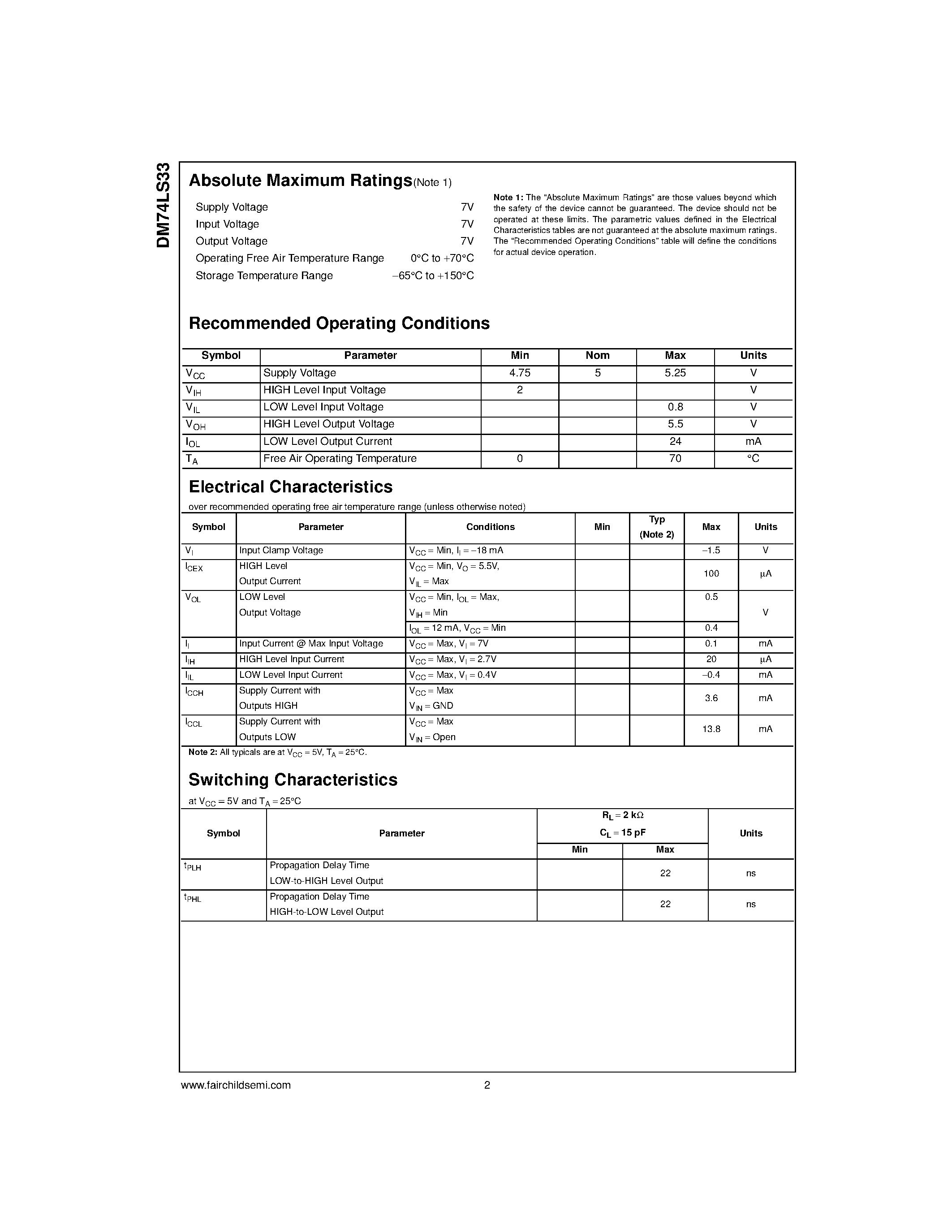 Datasheet 74LS33 page 2 Datasheet 74LS33 - Quad 2-Input OR Gate page 2