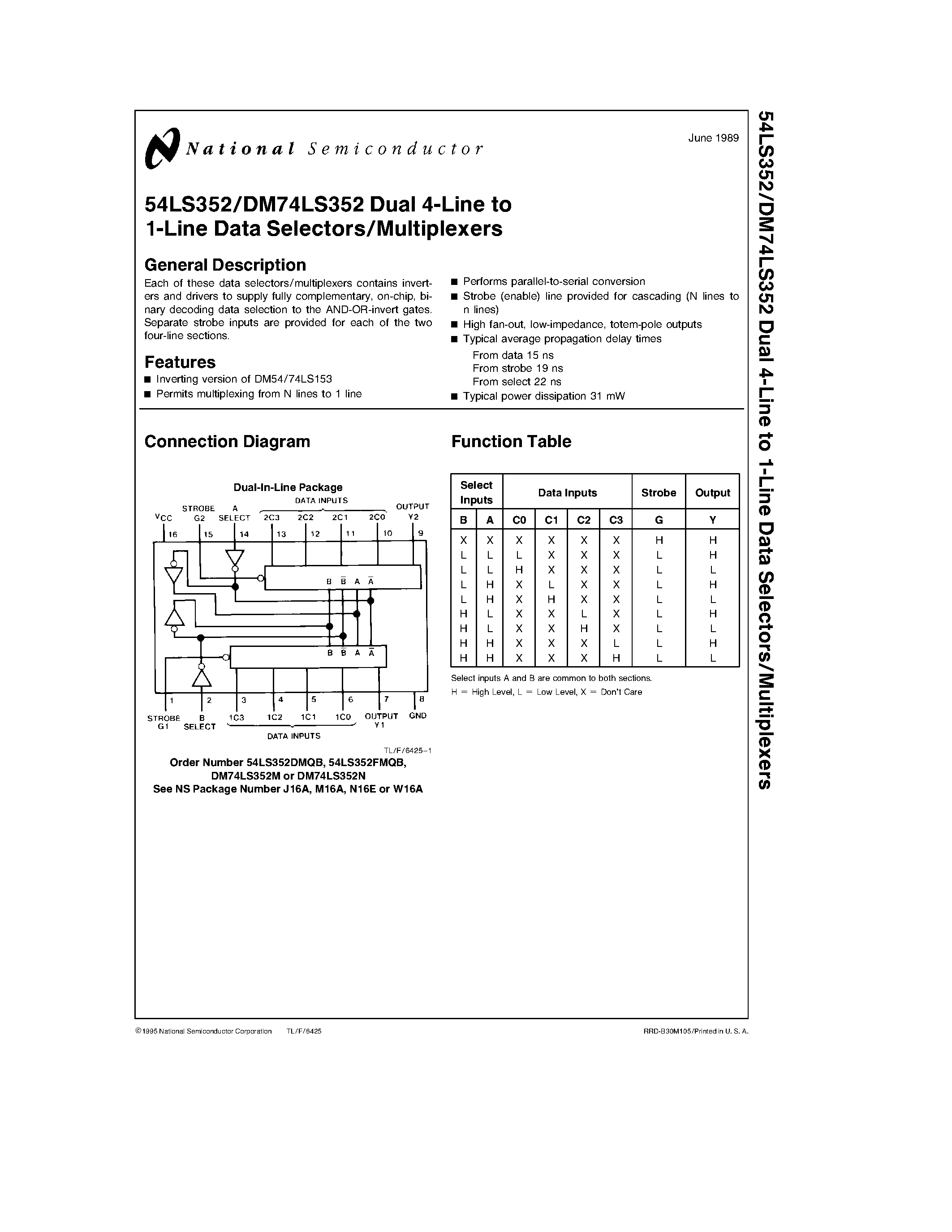 Даташит 74LS352 - Dual 4-Line to 1-Line Data Selectors/Multiplexers страница 1