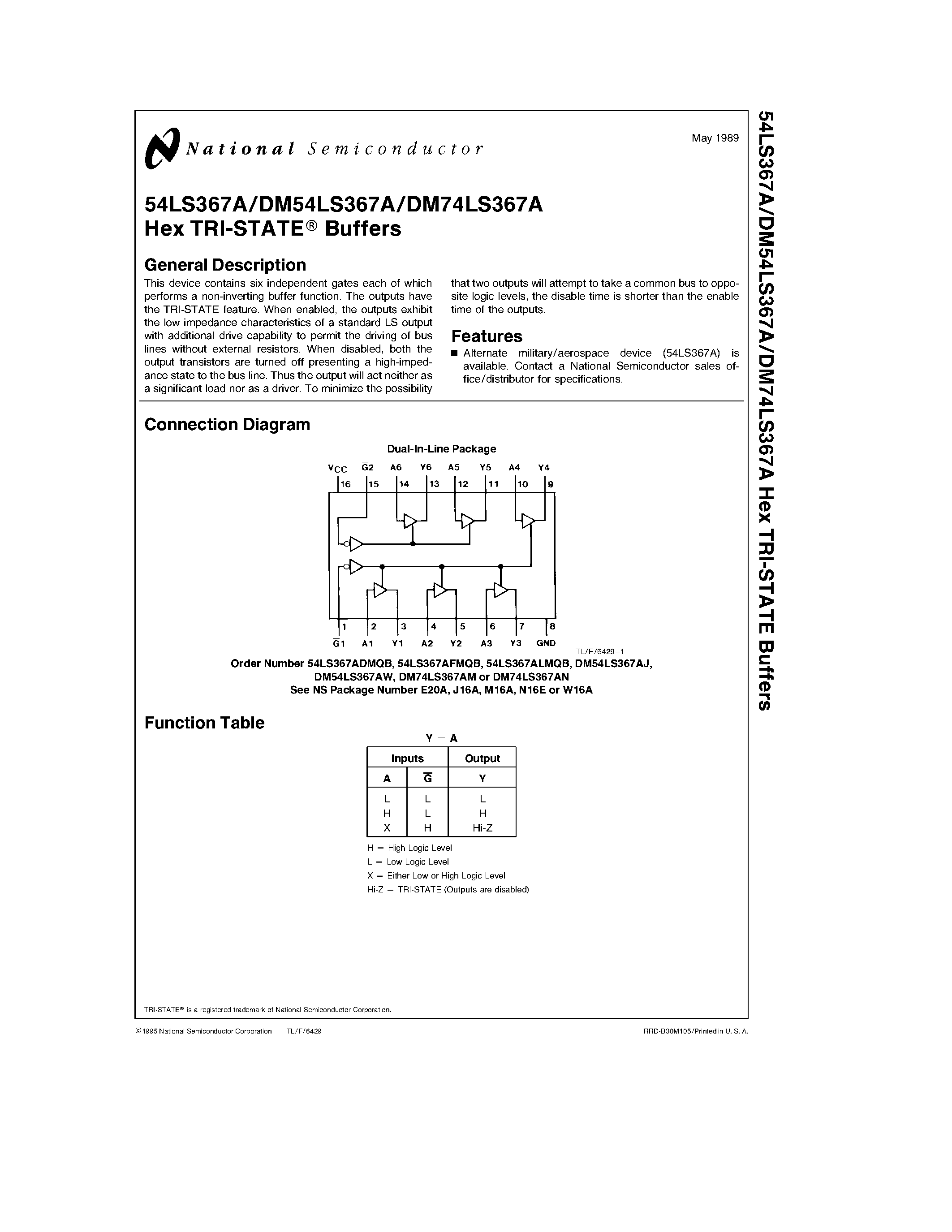 Datasheet 74LS367 page 1 Datasheet 74LS367 - Hex TRI-STATE Buffers page 1