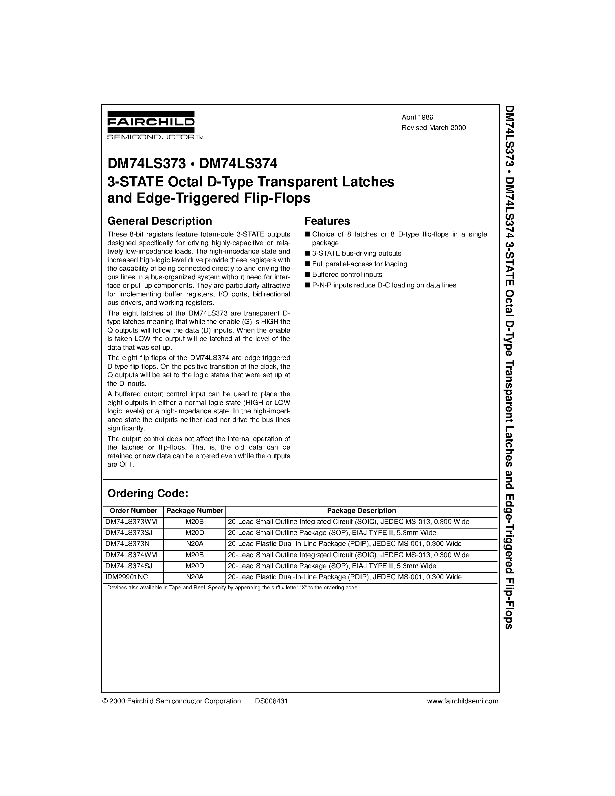 Datasheet 74LS374 - 3-STATE Octal D-Type Transparent Latches and Edge-Triggered Flip-Flops page 1