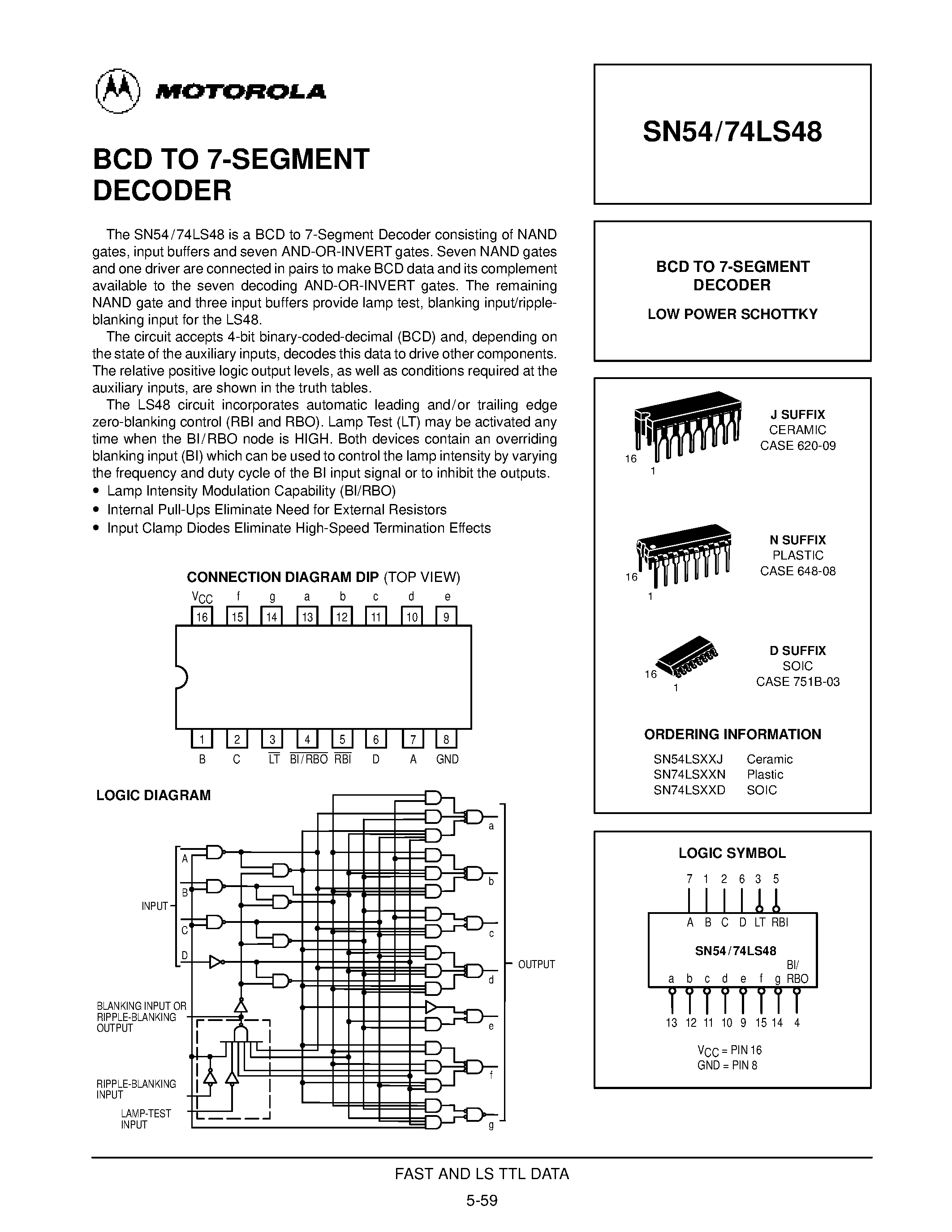Datasheet 74LS48 - BCD TO 7-SEGMENT DECODER page 1