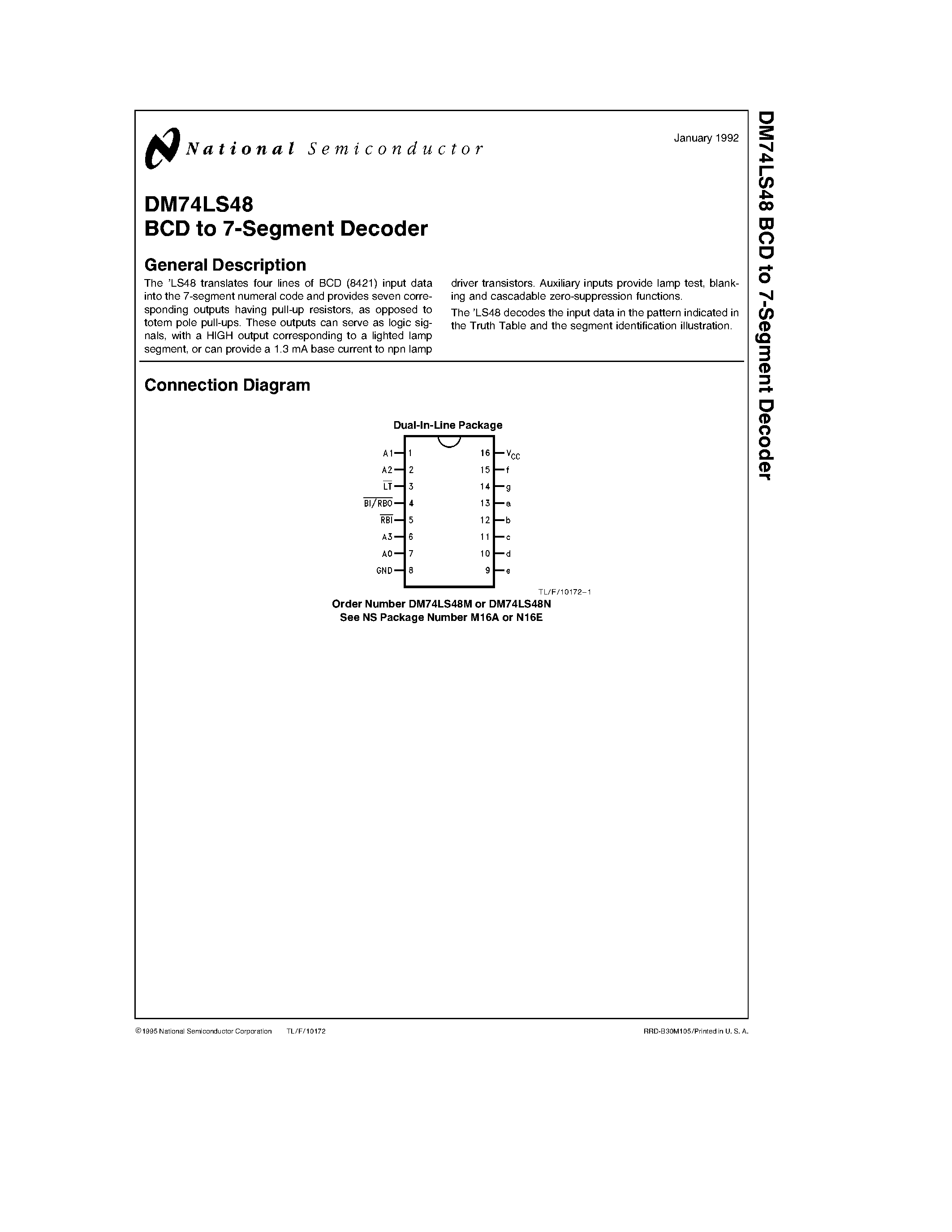 Datasheet 74LS48 - BCD to 7-Segment Decoder page 1