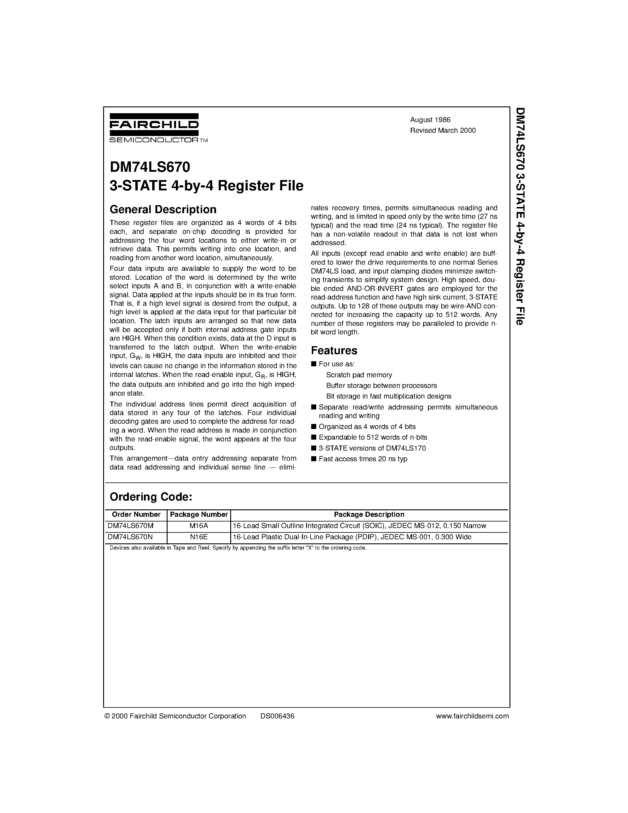 Datasheet 74LS670 - 3-STATE 4-by-4 Register File page 1