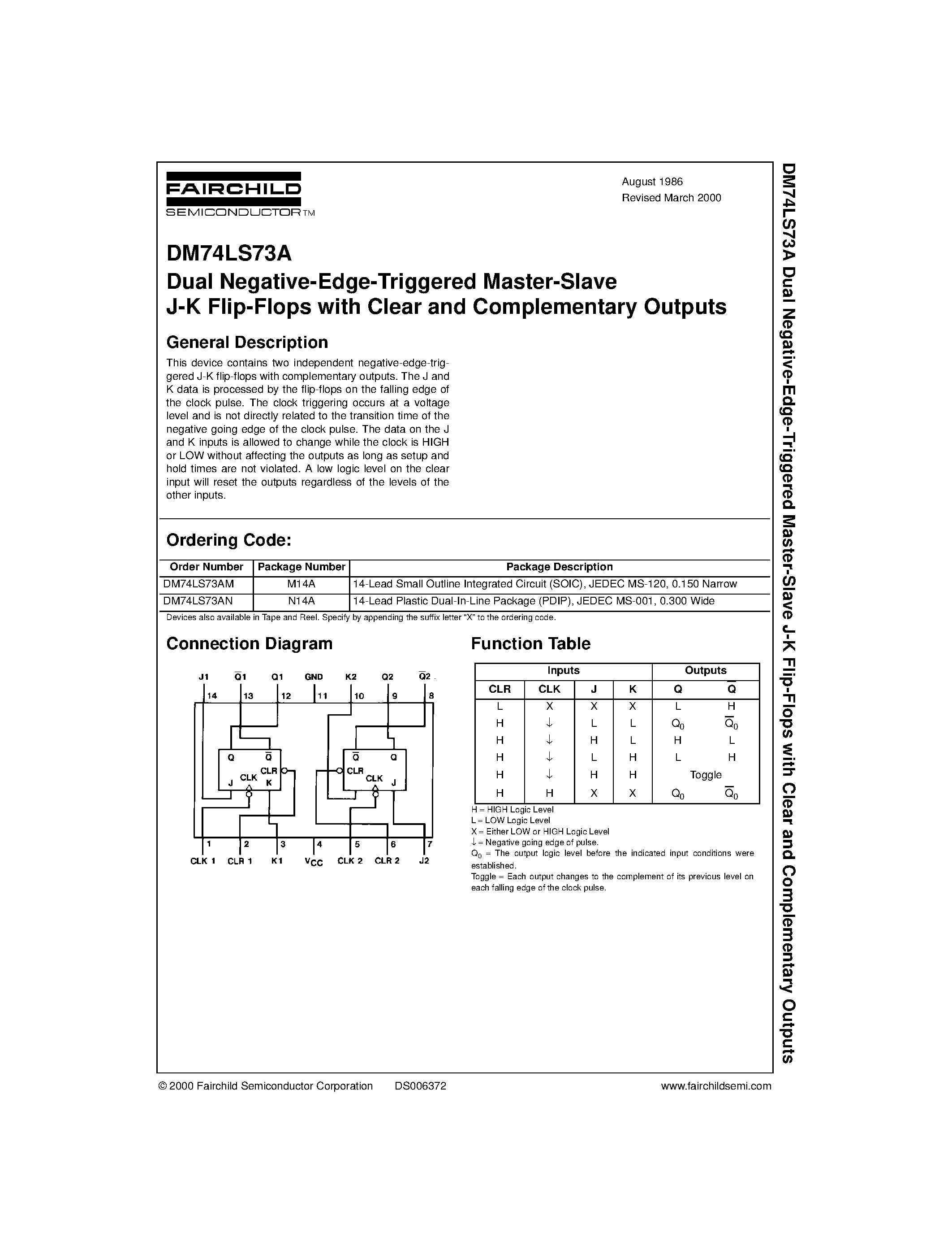 Datasheet 74LS73A - Dual Negative-Edge-Triggered Master-Slave J-K Flip-Flops with Clear and Complementary Outputs page 1