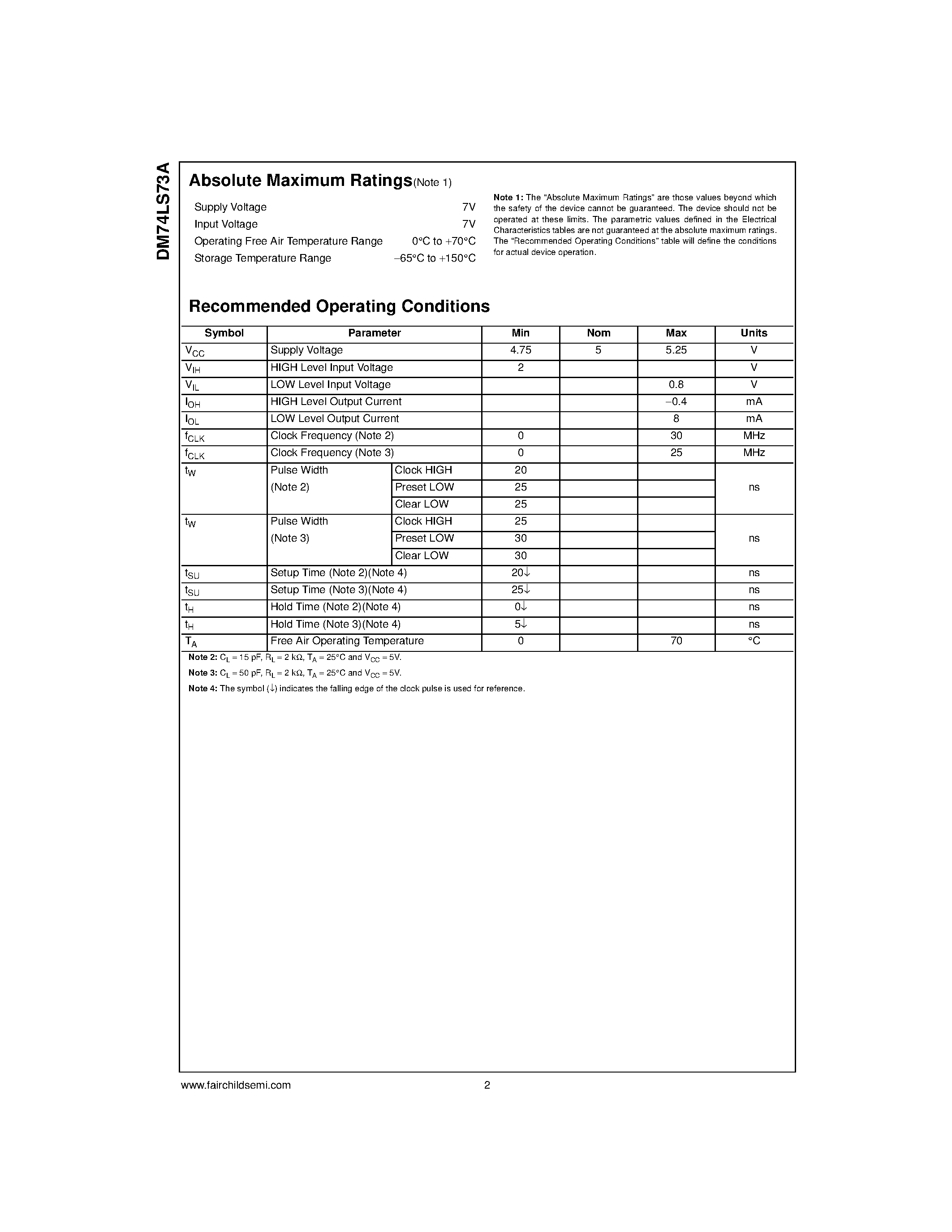 Datasheet 74LS73A - Dual Negative-Edge-Triggered Master-Slave J-K Flip-Flops with Clear and Complementary Outputs page 2
