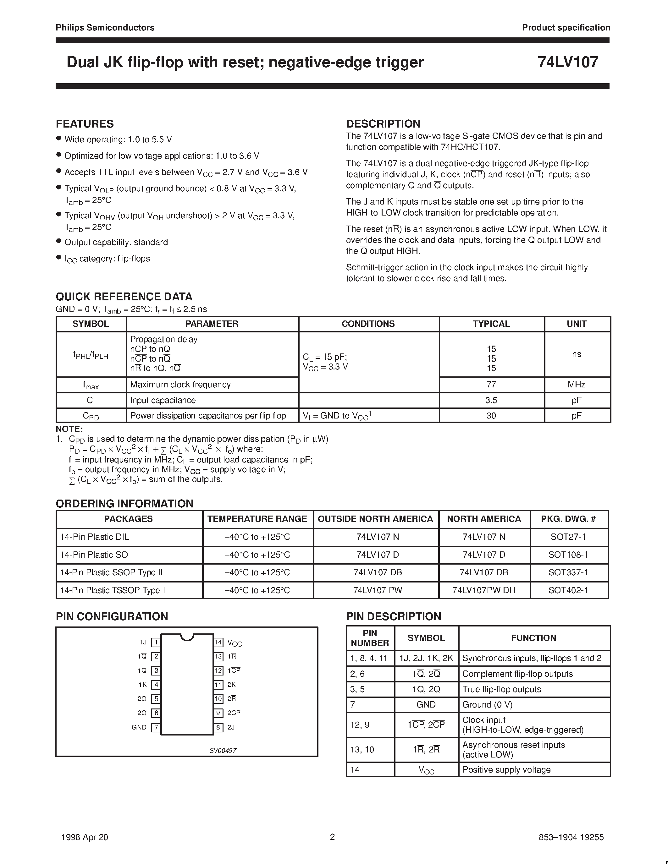 Datasheet 74LV107 - Dual JK flip-flop with reset; negative-edge trigger page 2