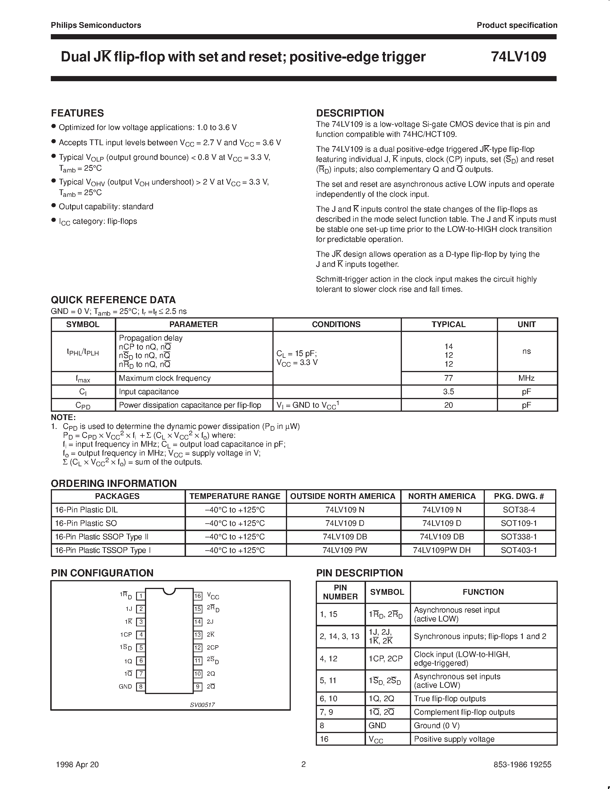 Datasheet 74LV109 - Dual JK flip-flop with set and reset; positive-edge trigger page 2