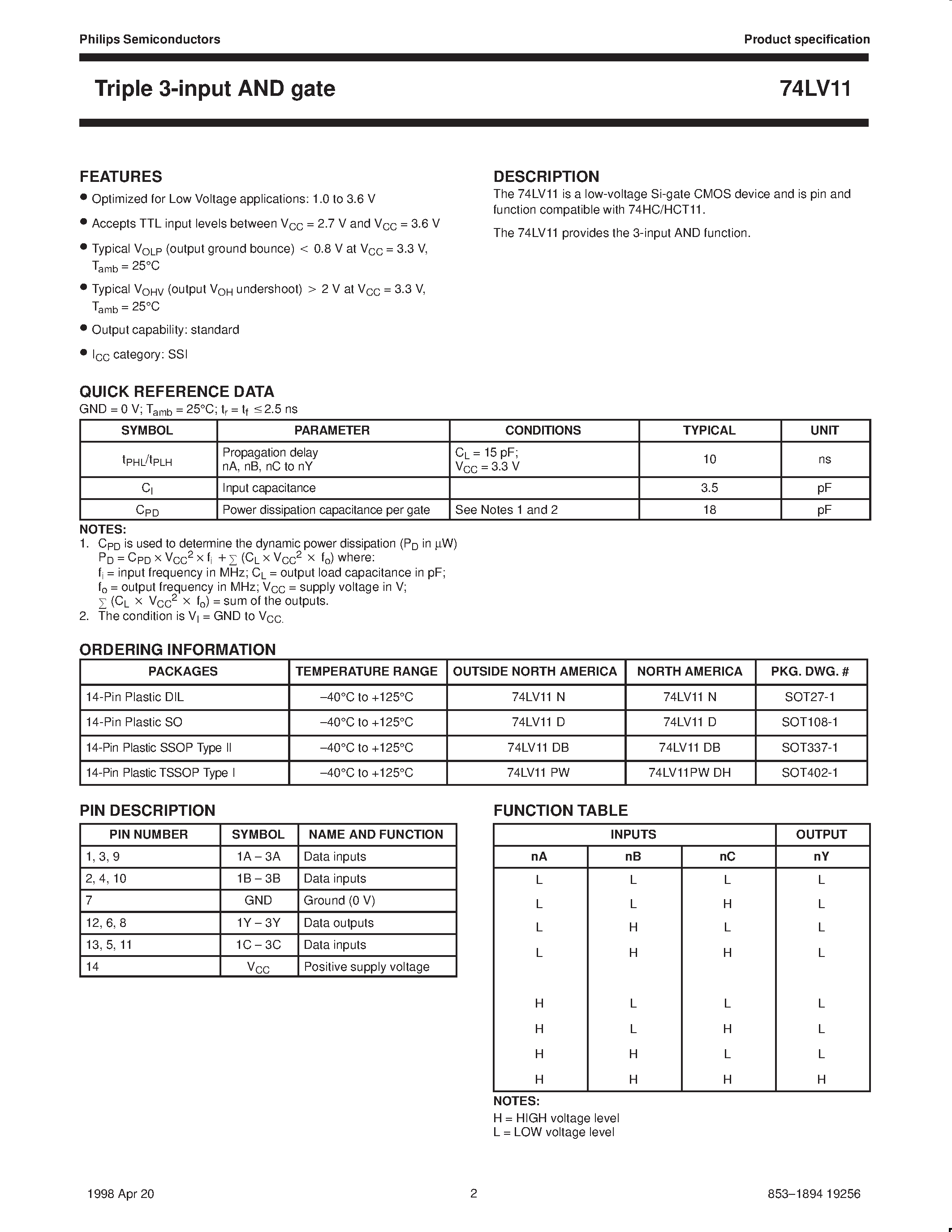 Datasheet 74LV11 - Triple 3-input AND gate page 2