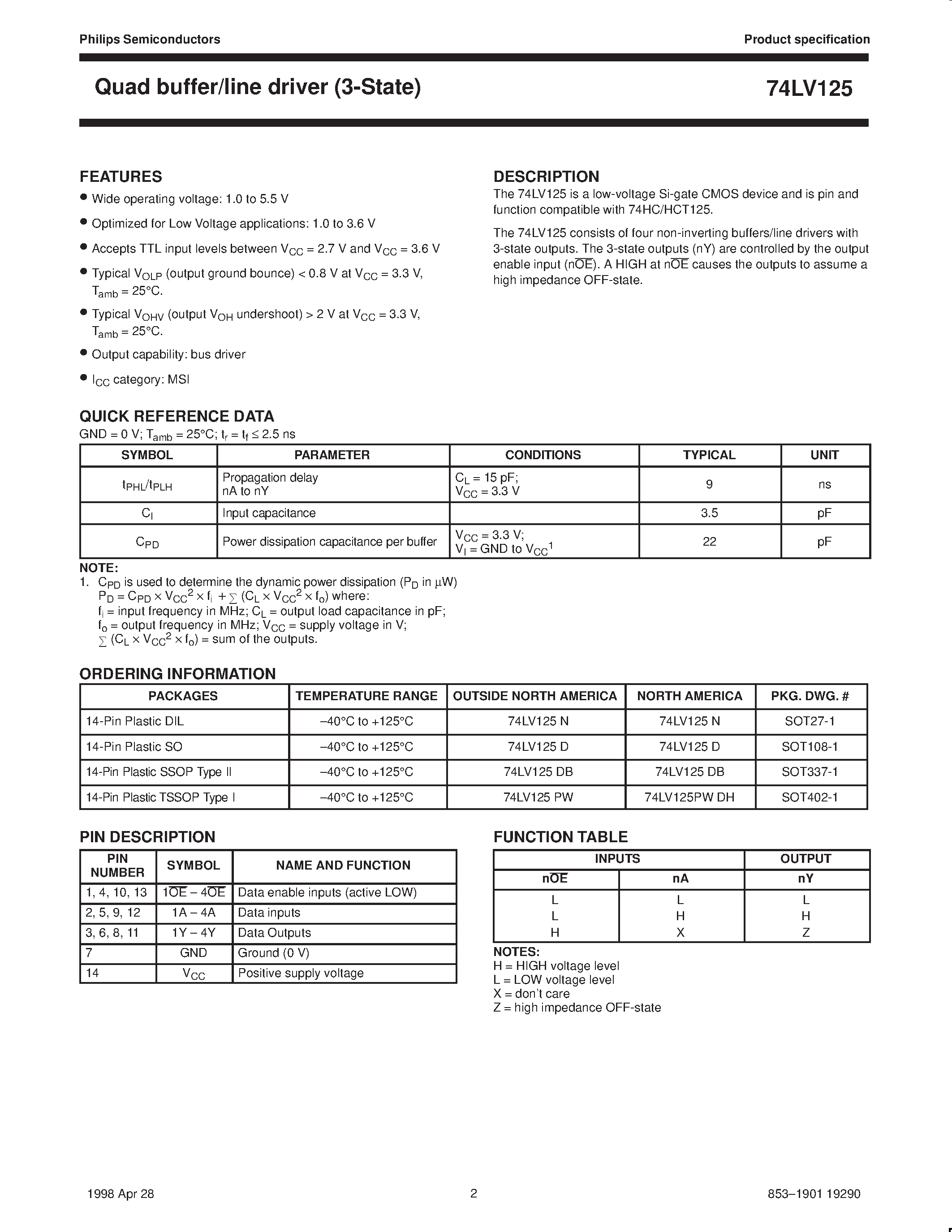 Datasheet 74LV125 - Quad buffer/line driver 3-State page 2