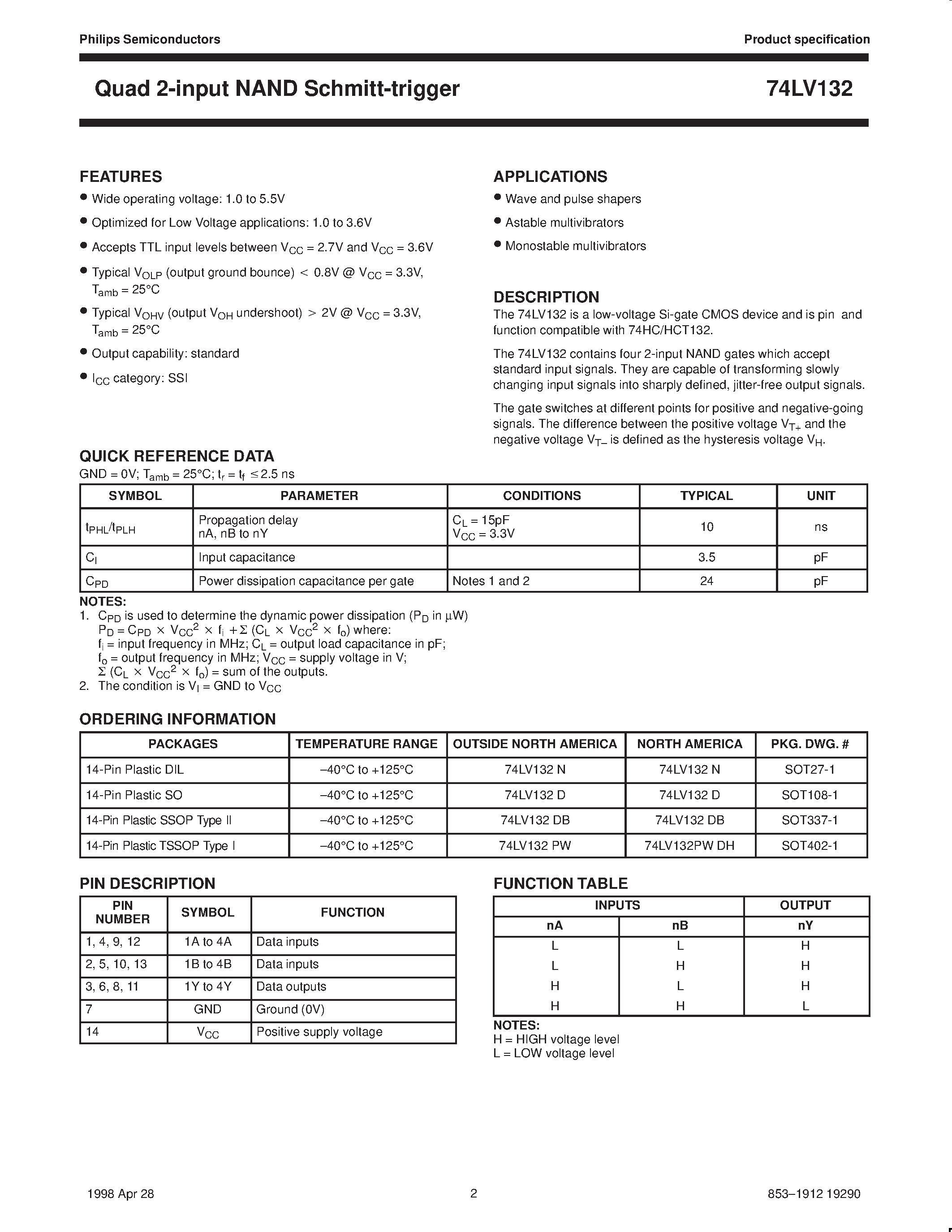 Datasheet 74LV132 - Quad 2-input NAND Schmitt-trigger page 2