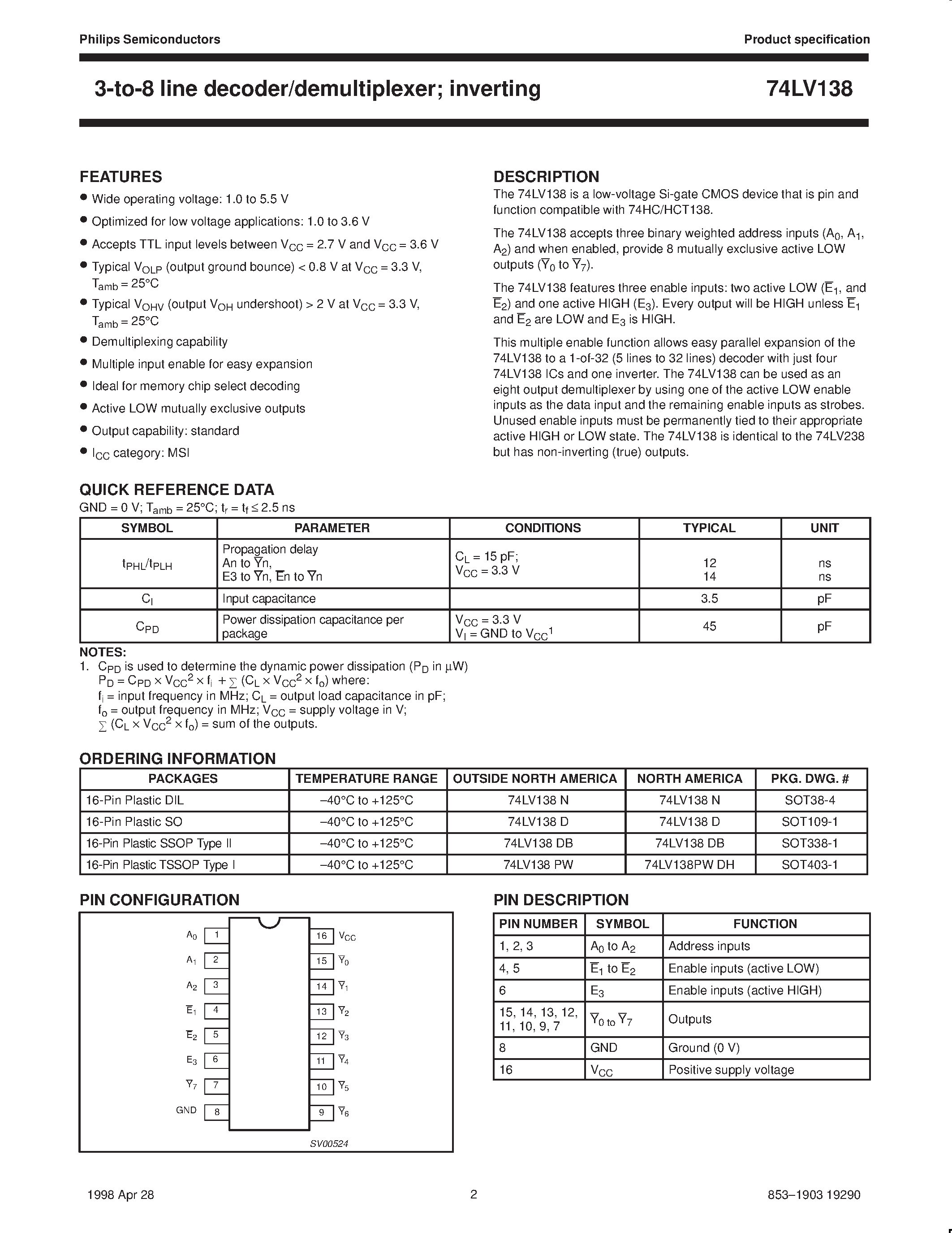 Datasheet 74LV138 - 3-to-8 line decoder/multiplexer; inverting page 2