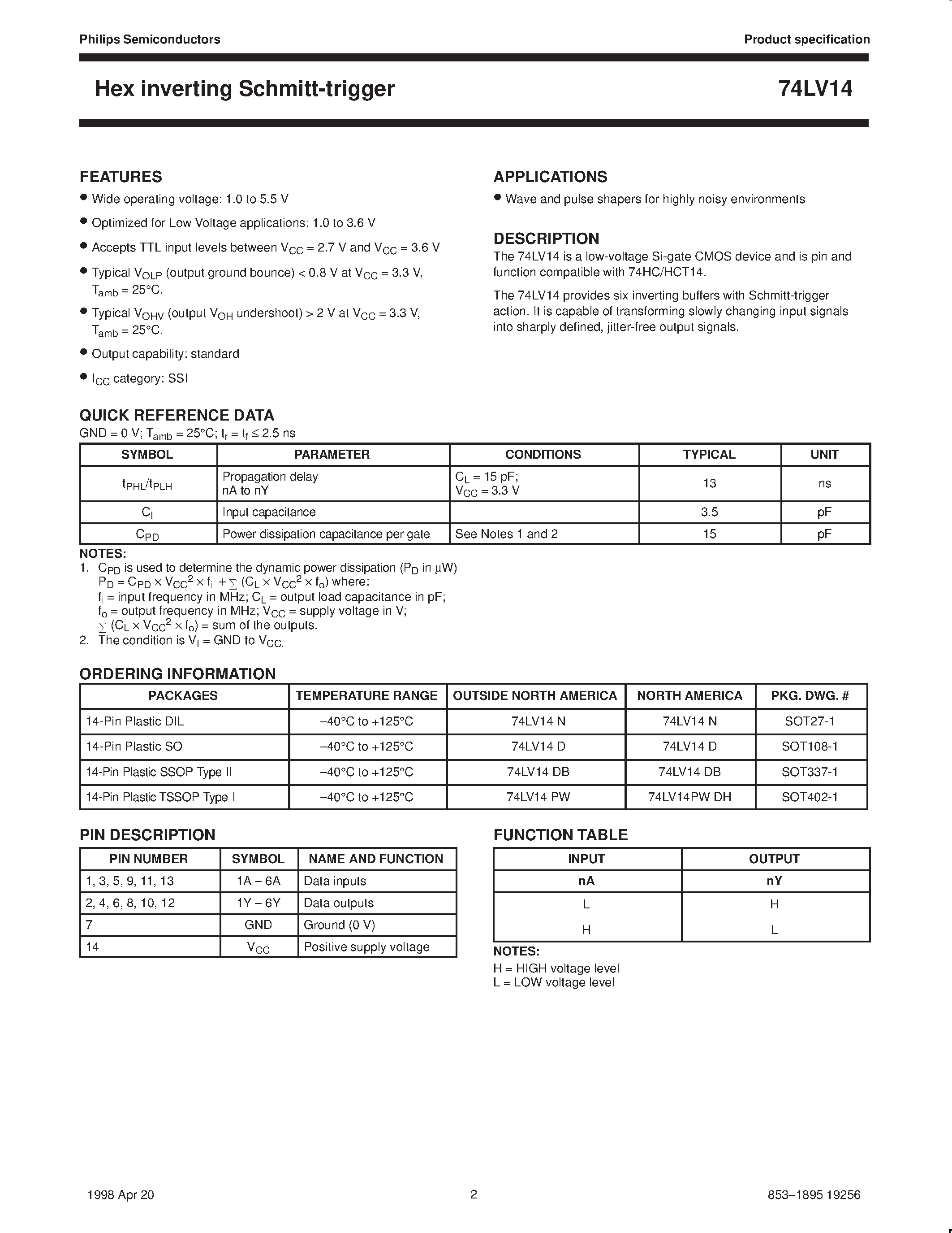 Datasheet 74LV14 - Hex inverting Schmitt-trigger page 2