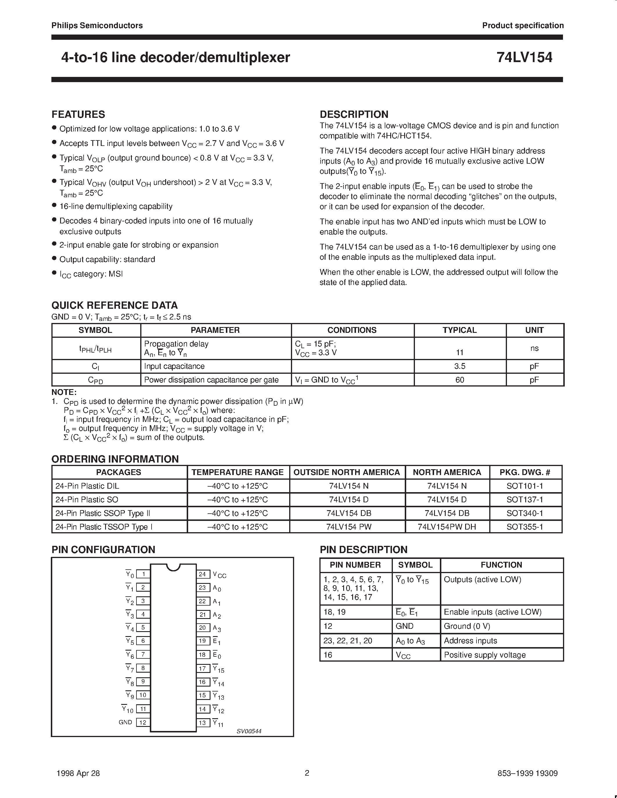 Даташит 74LV154 - 4-to-16 line decoder/demultiplexer страница 2