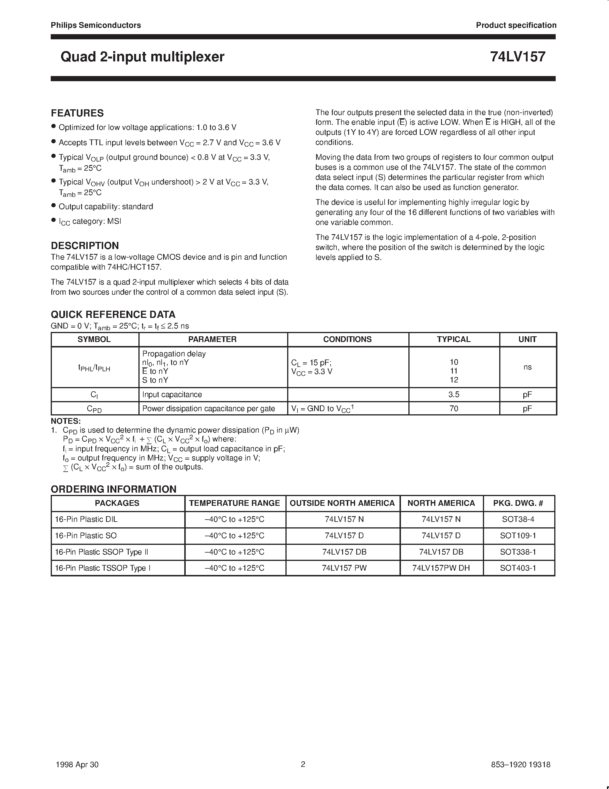 Datasheet 74LV157 - Quad 2-input multiplexer page 2