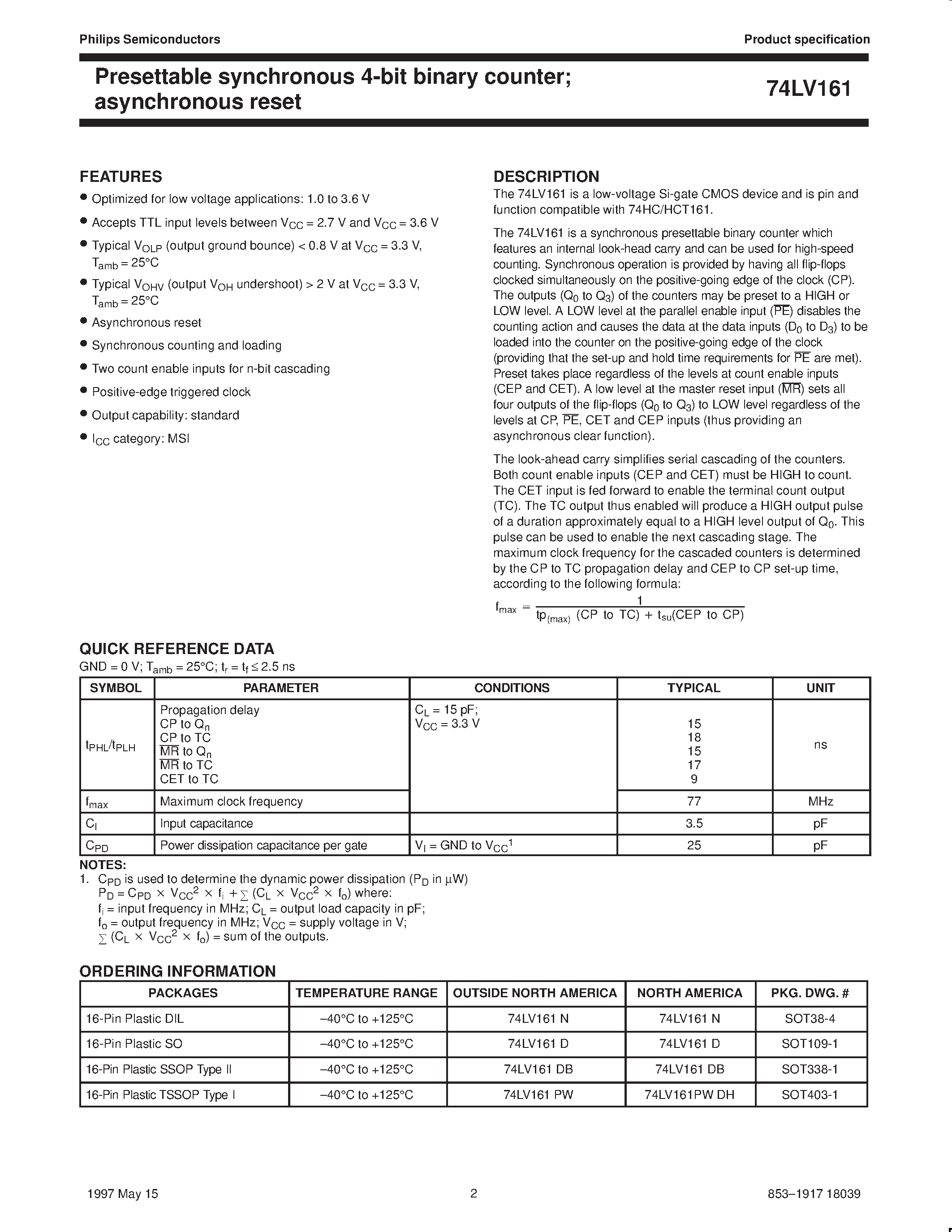 Datasheet 74LV161 - Presettable synchronous 4-bit binary counter; asynchronous reset page 2