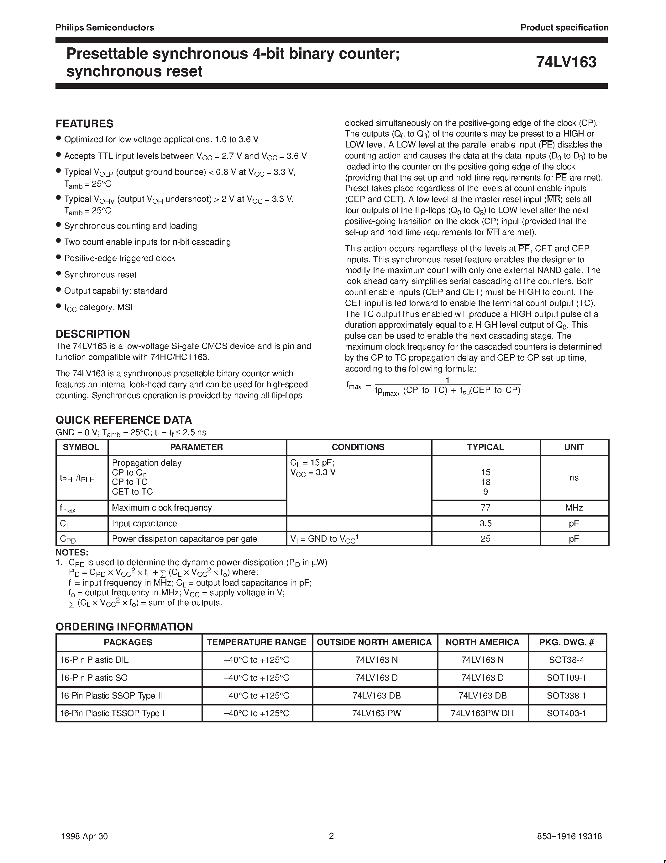 Datasheet 74LV163 - Presettable synchronous 4-bit binary counter; synchronous reset page 2