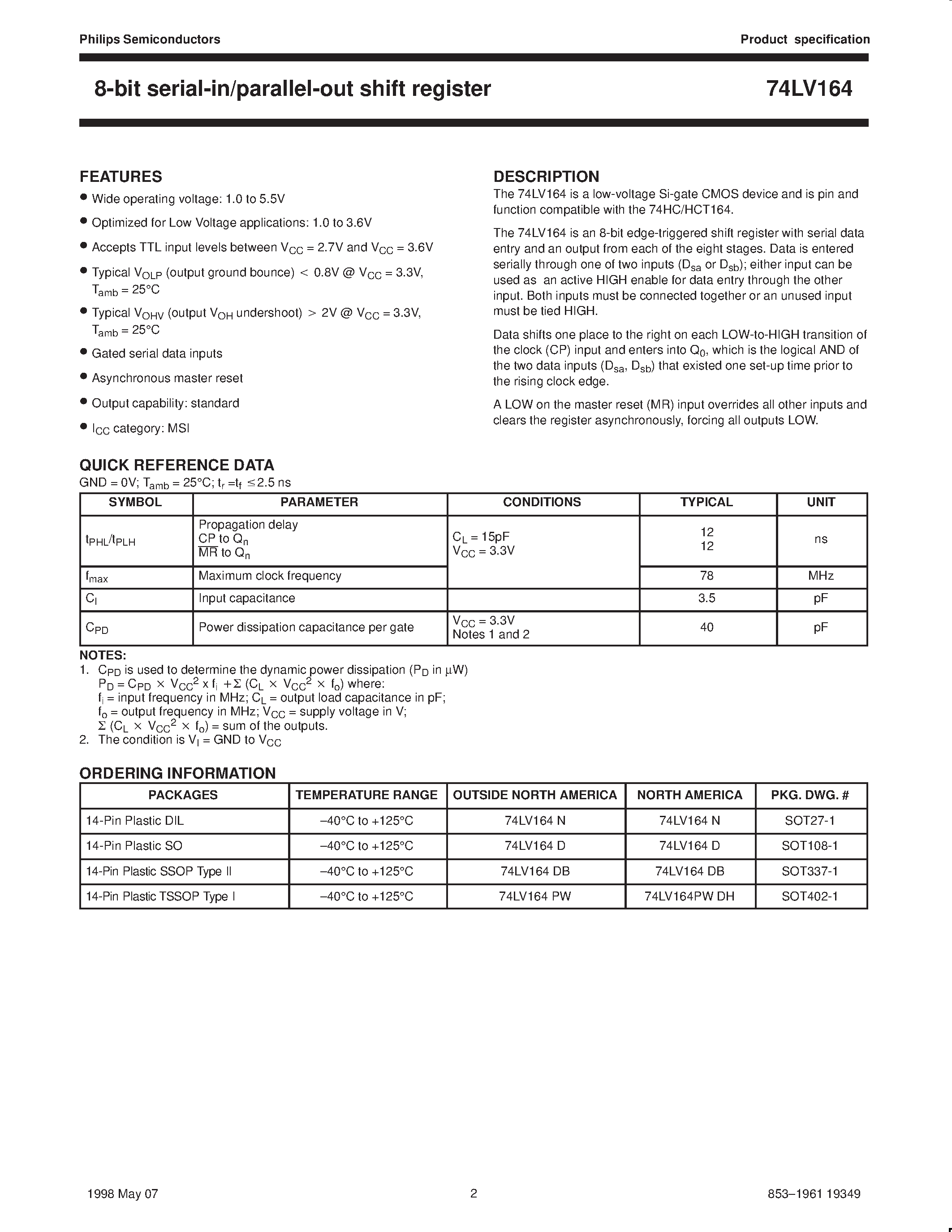 Datasheet 74LV164 - 8-bit serial-in/parallel-out shift register page 2
