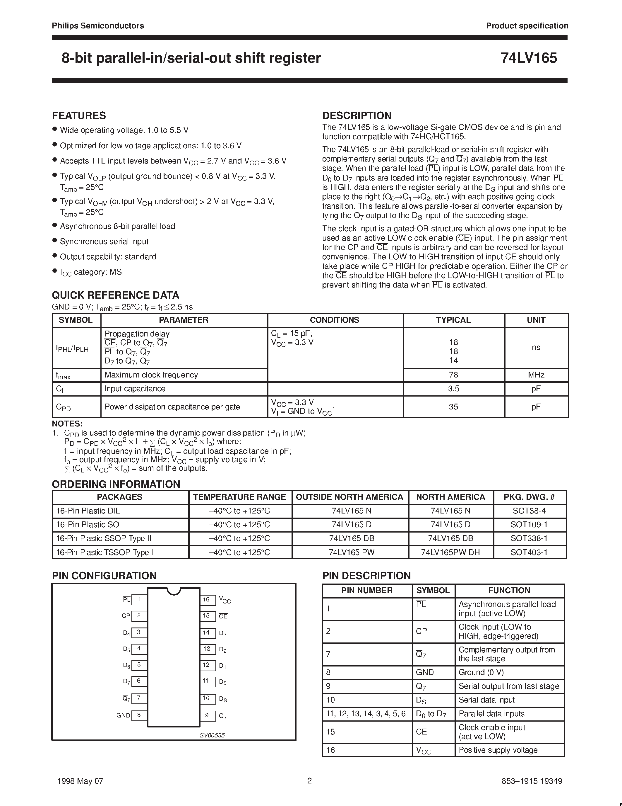 Datasheet 74LV165 - 8-bit parallel-in/serial-out shift register page 2