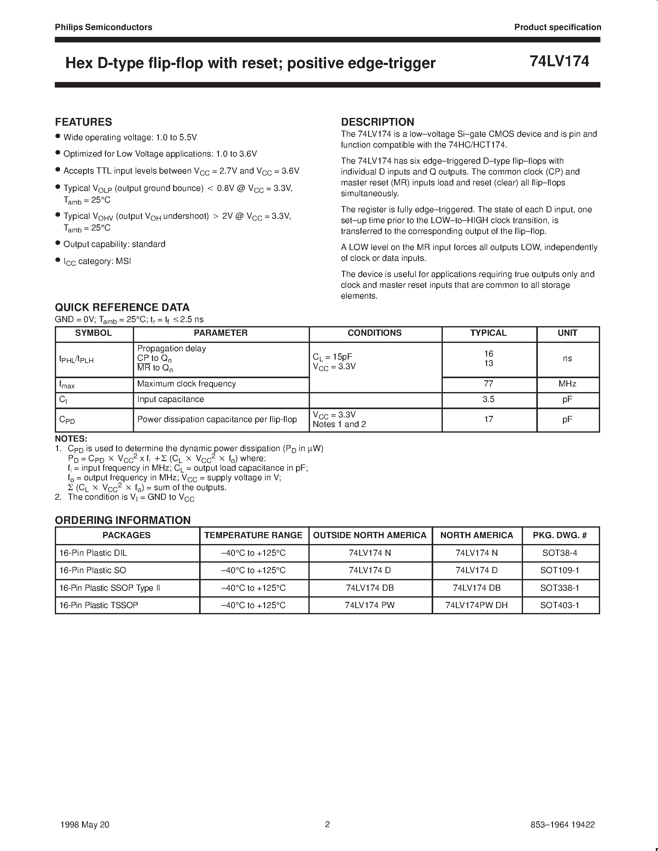 Datasheet 74LV174 - Hex D-type flip-flop with reset; positive-edge trigger page 2