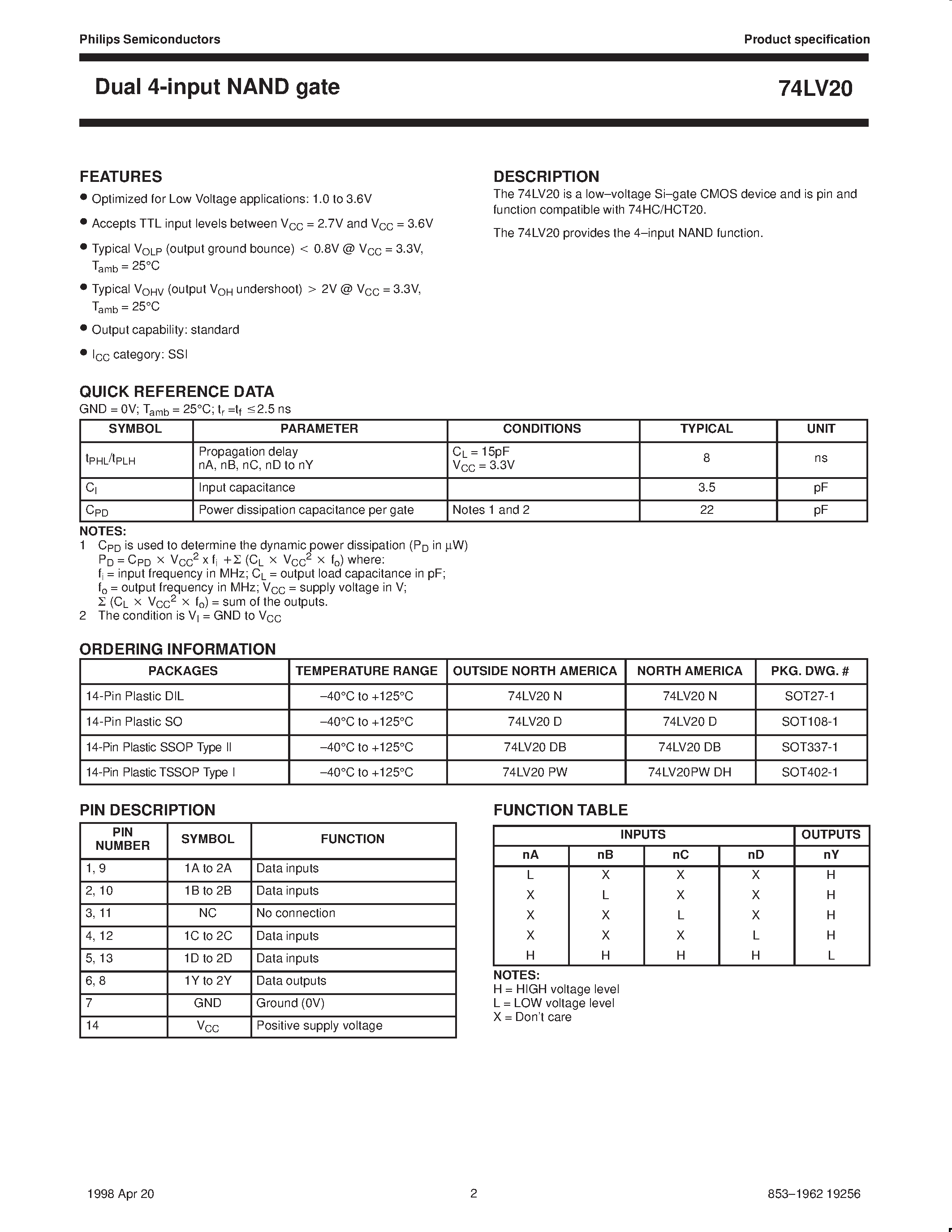 Даташит 74LV20 - Dual 4-input NAND gate страница 2