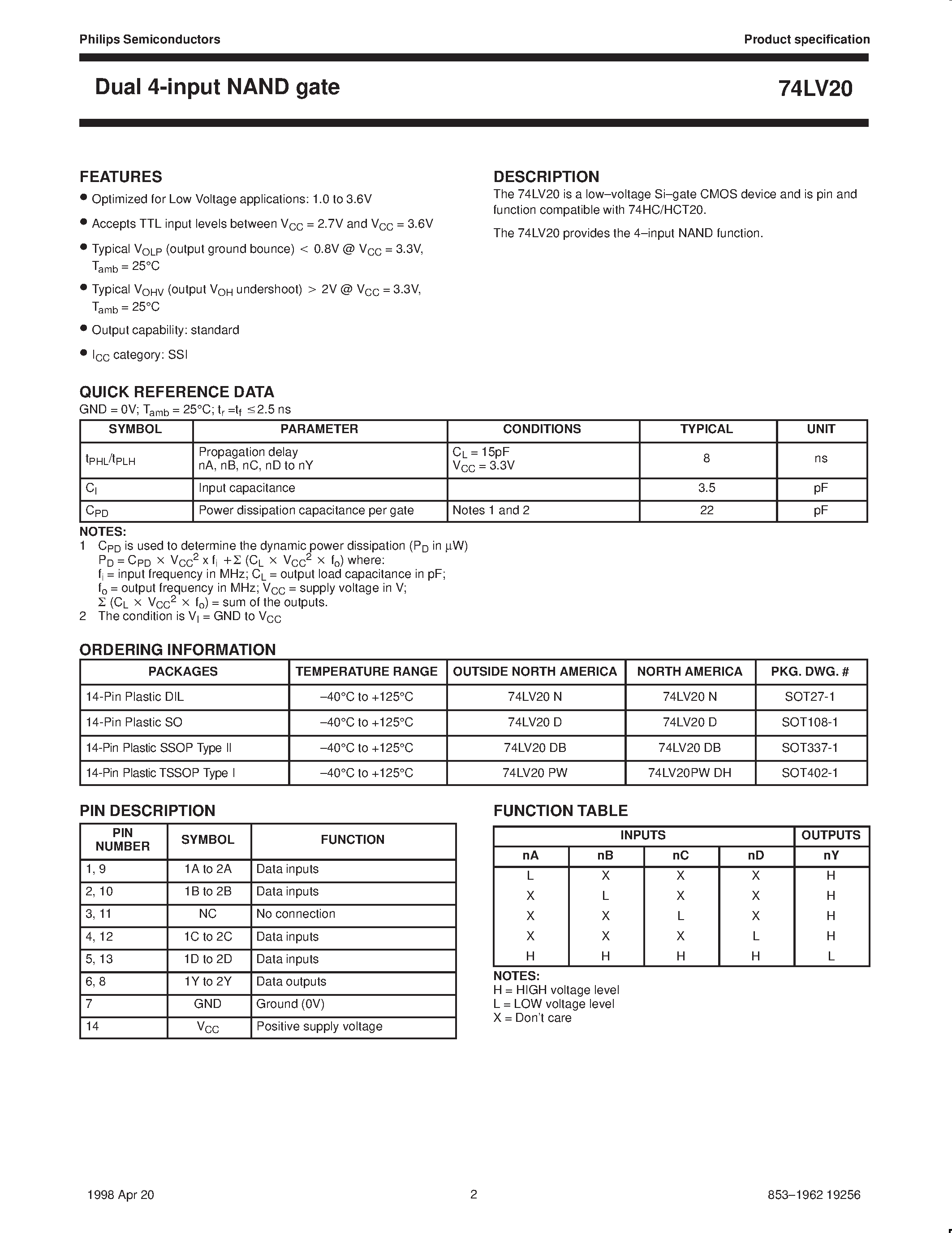 Datasheet 74LV20 - Dual 4-input NAND gate page 2