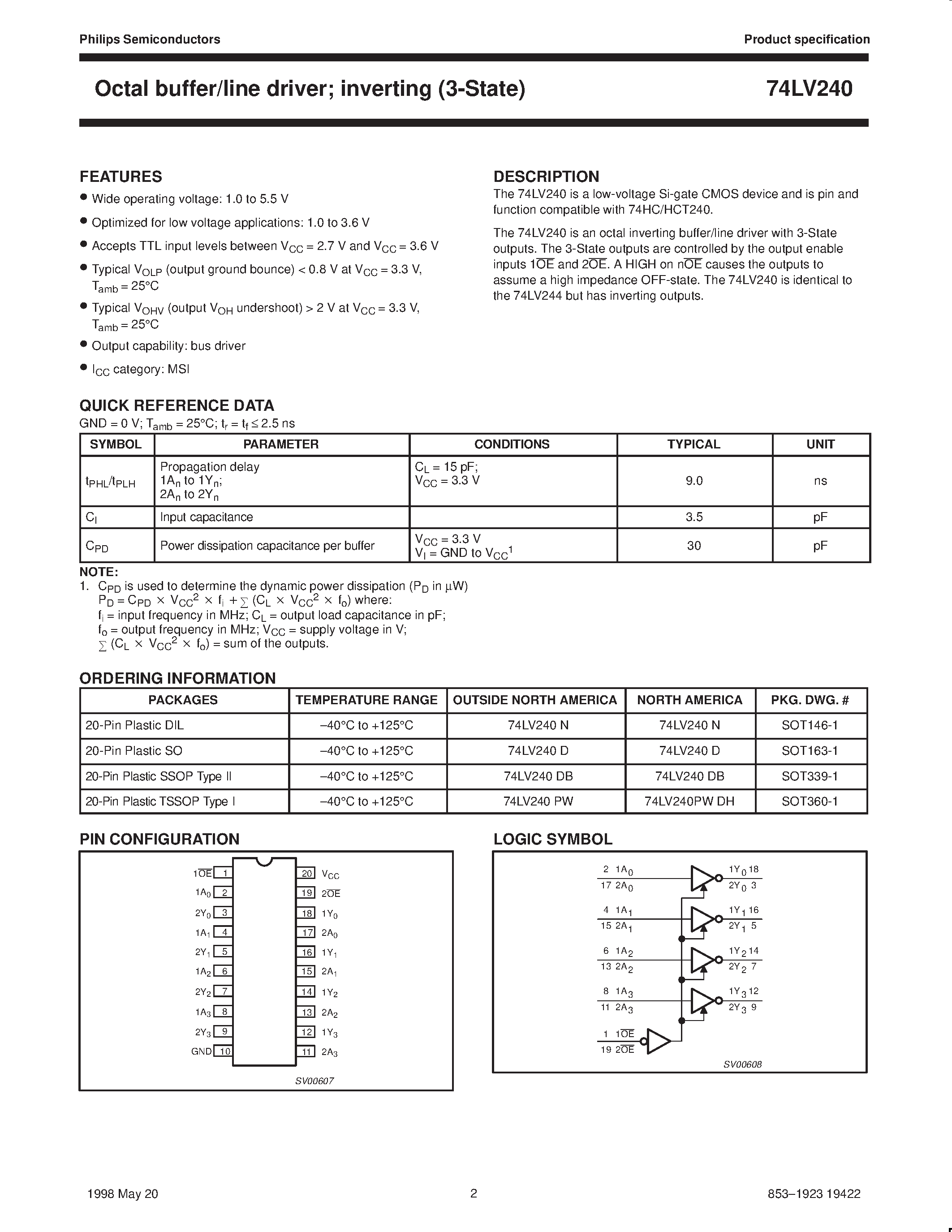 Datasheet 74LV240 - Octal buffer/line driver; inverting 3-State page 2