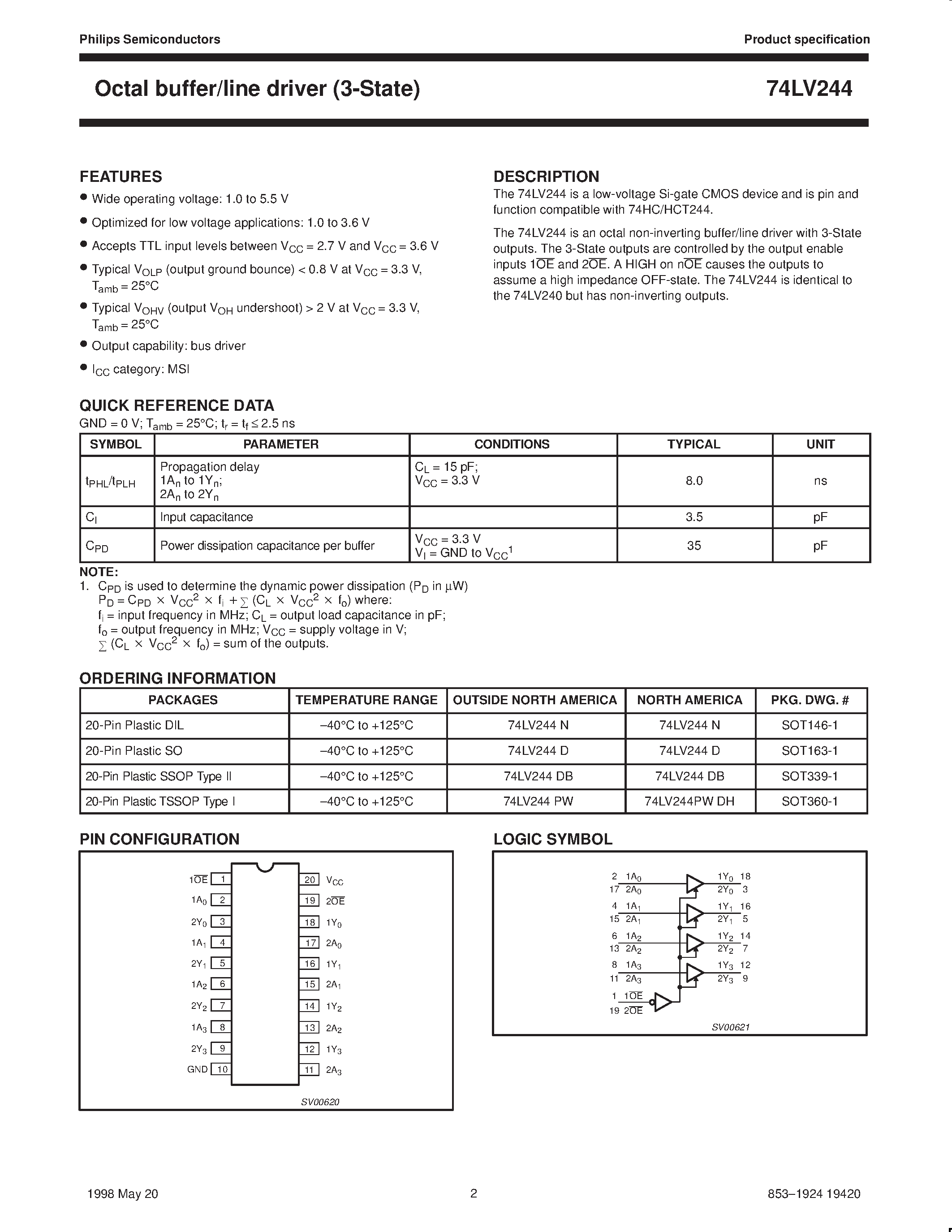 Datasheet 74LV244 - Octal buffer/line driver 3-State page 2