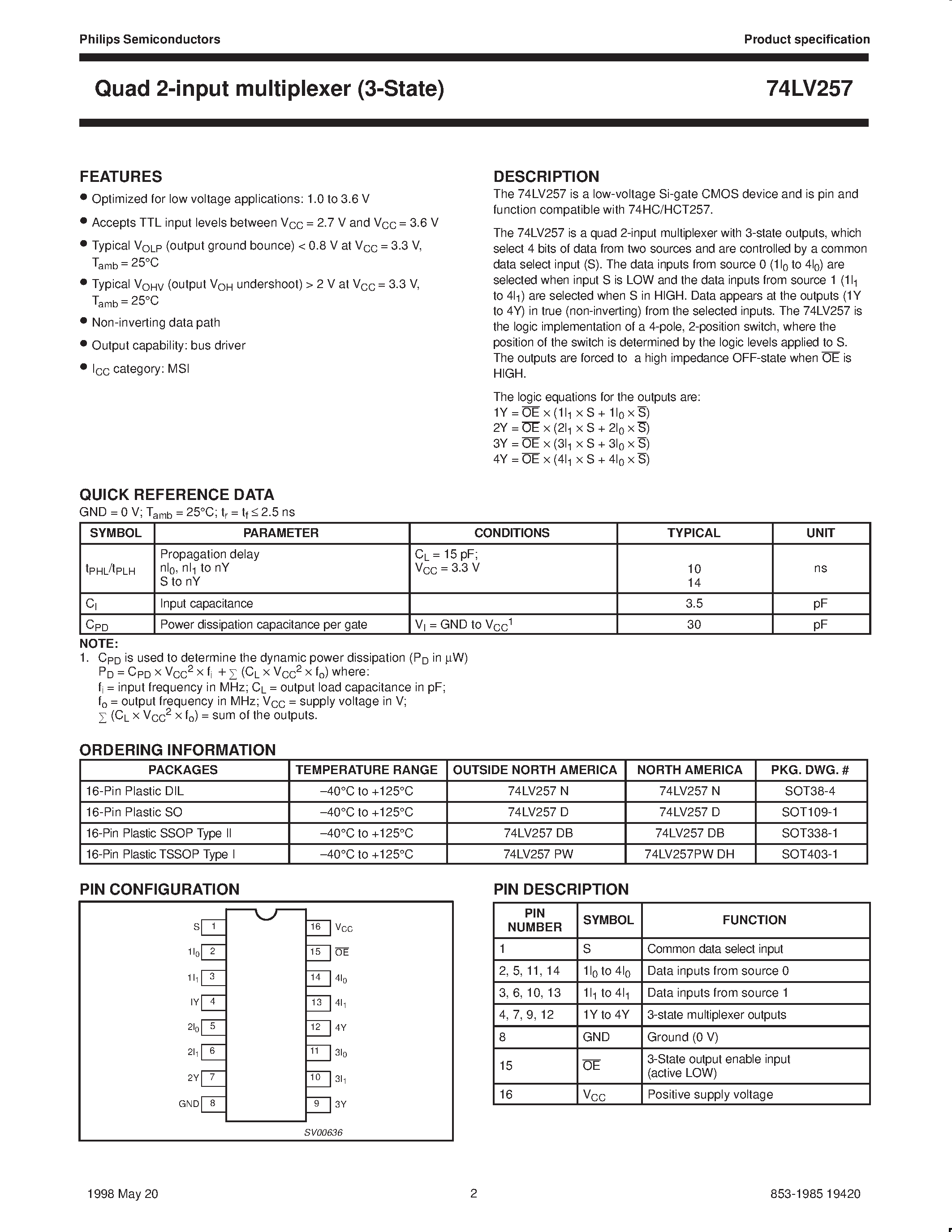 Datasheet 74LV257 - Quad 2-input multiplexer 3-State page 2