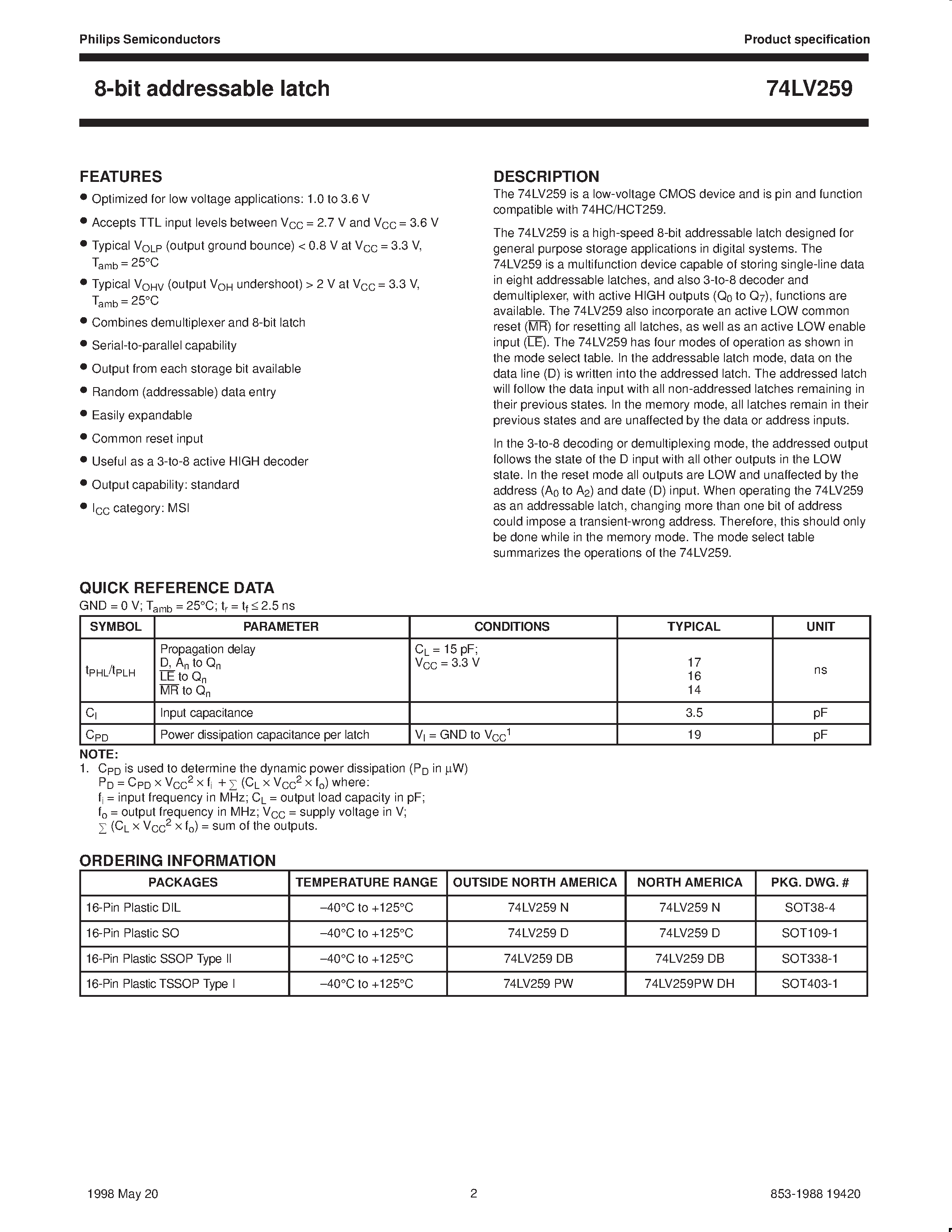 Даташит на микросхему 74LV259 страница 2 Даташит 74LV259 - 8-bit addressable latch страница 2