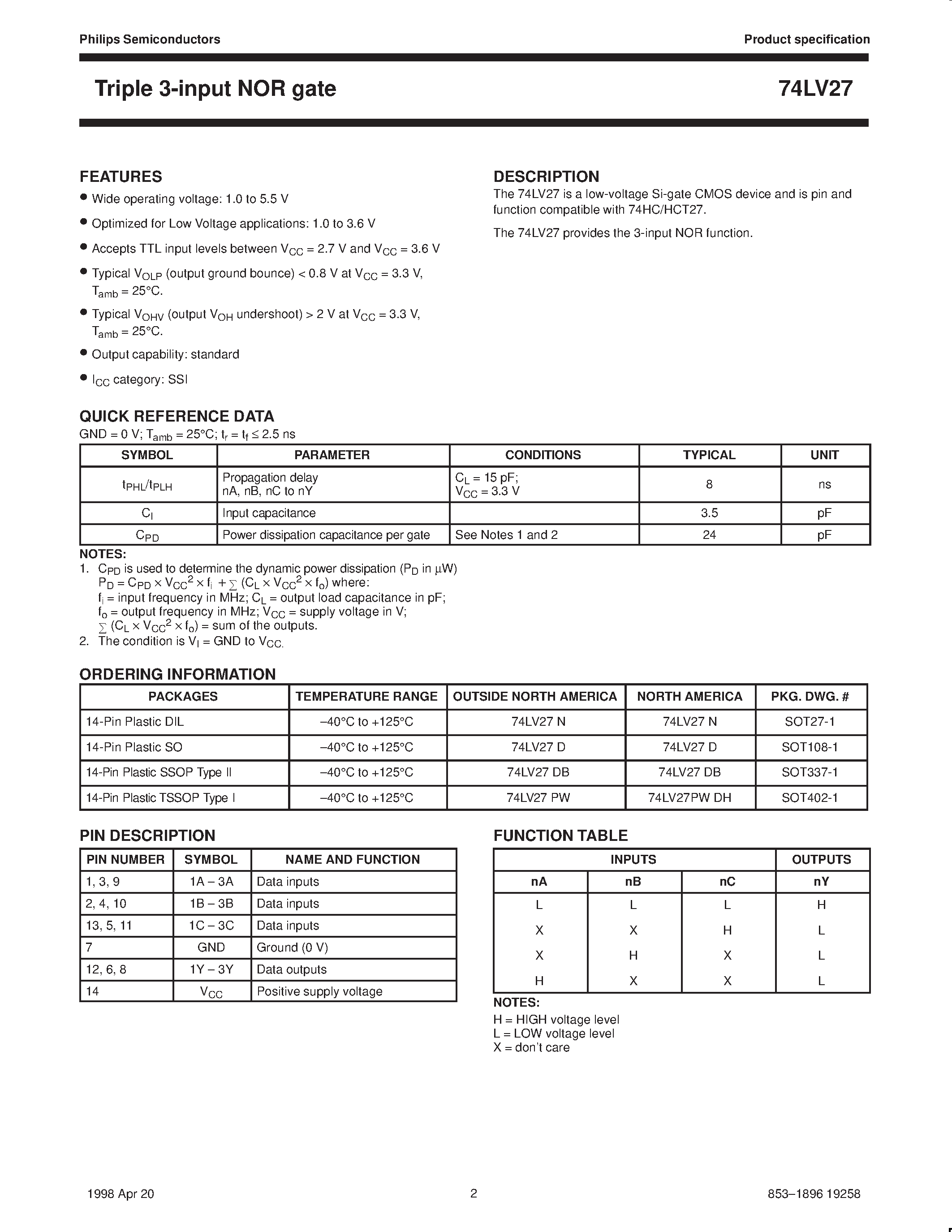 Даташит 74LV27 - Triple 3-input NOR gate страница 2