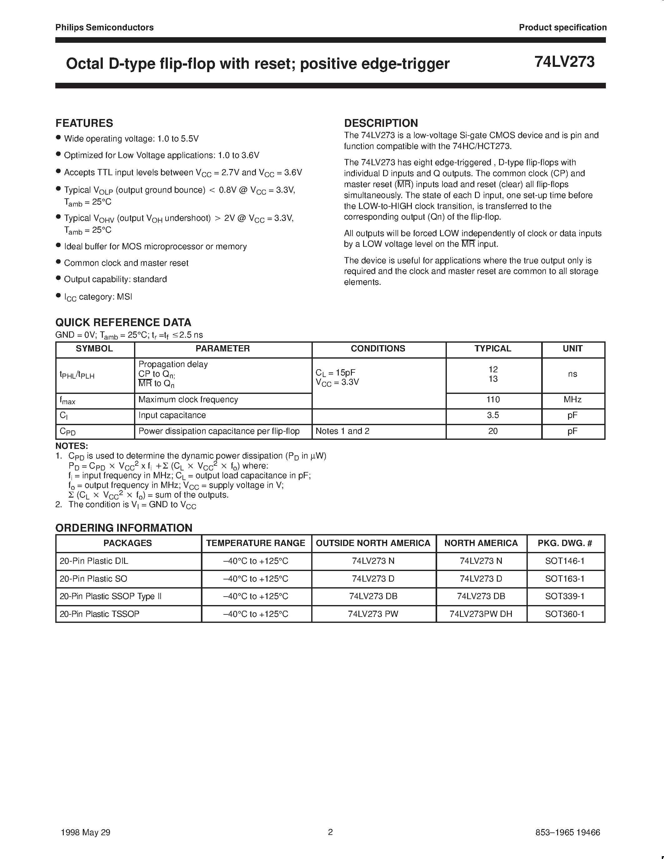 Даташит 74LV273 - Octal D-type flip-flop with reset; positive-edge trigger страница 2